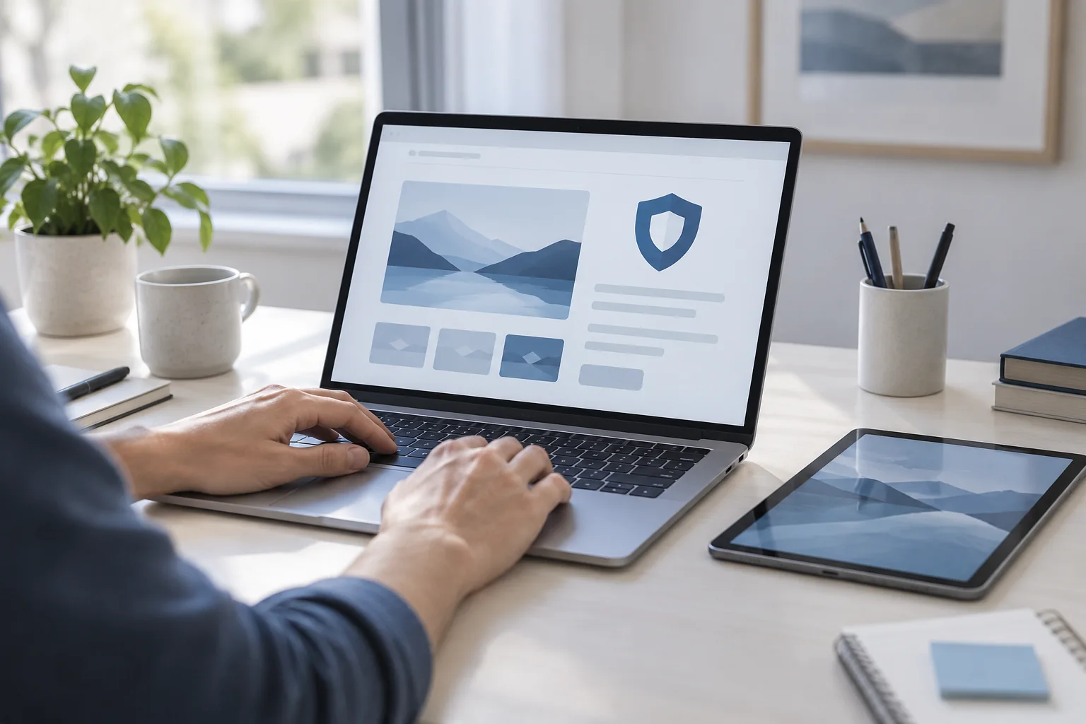 Ordinateur et tablette sur un bureau lumineux