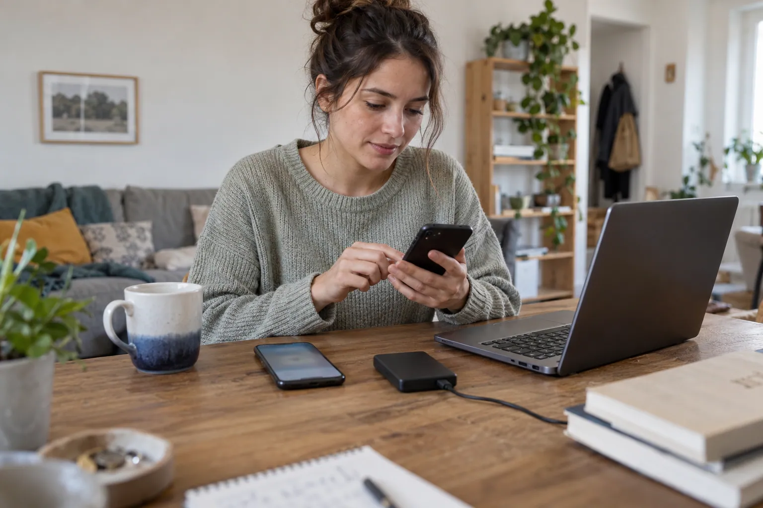 Illustration photoréaliste : personne préparant un transfert entre deux smartphones avec un ordinateur et un disque externe