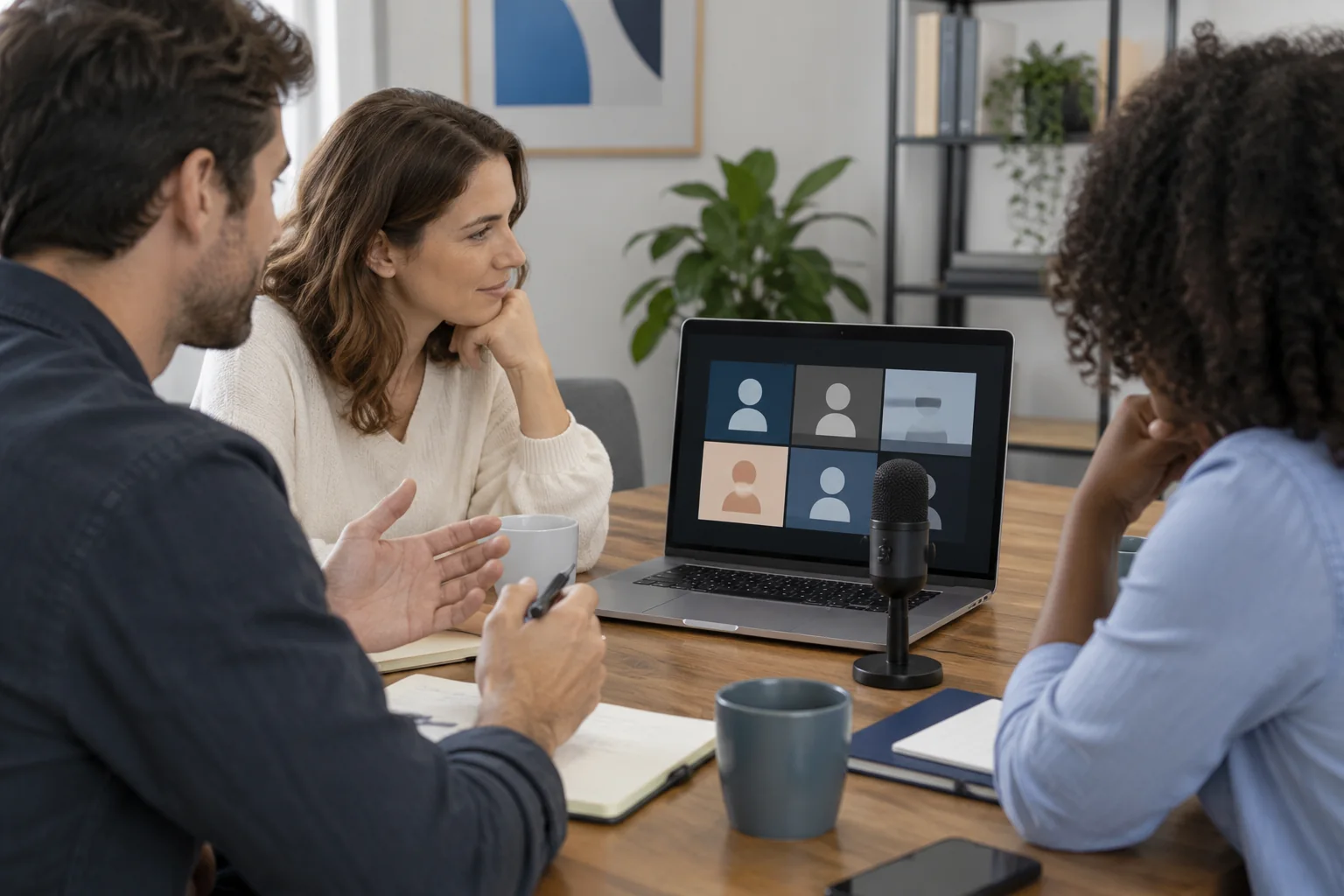 Équipe préparant une réunion vidéo avec un microphone USB