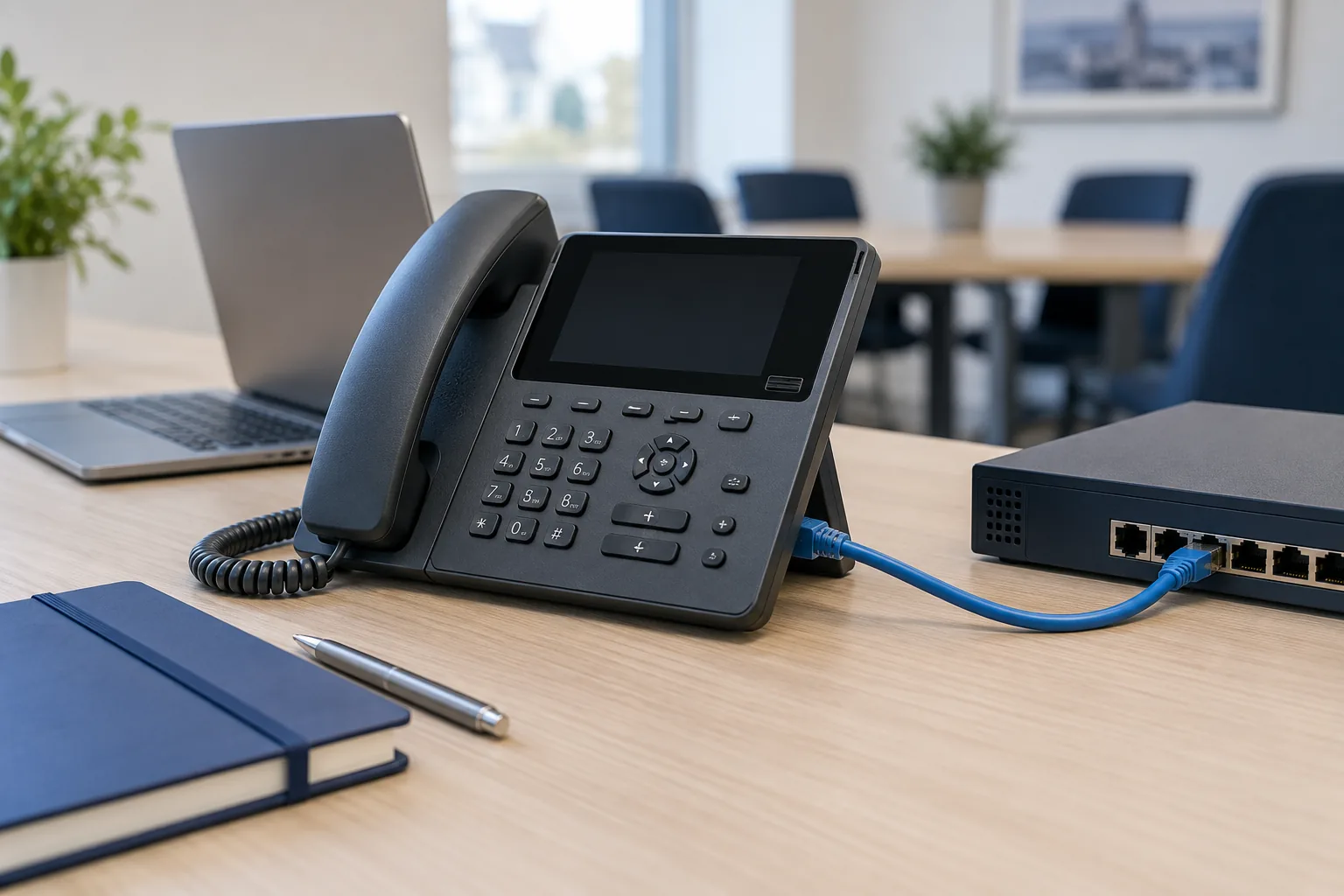 Téléphone de bureau relié par un câble Ethernet bleu à un commutateur réseau