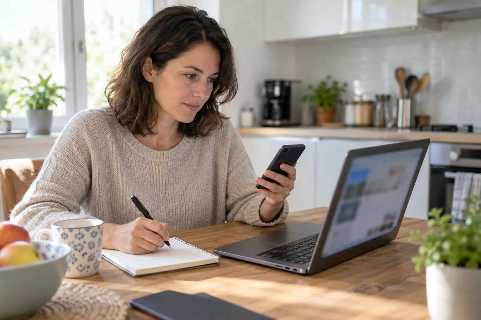 Illustration photoréaliste : personne vérifiant une connexion web sur ordinateur et smartphone