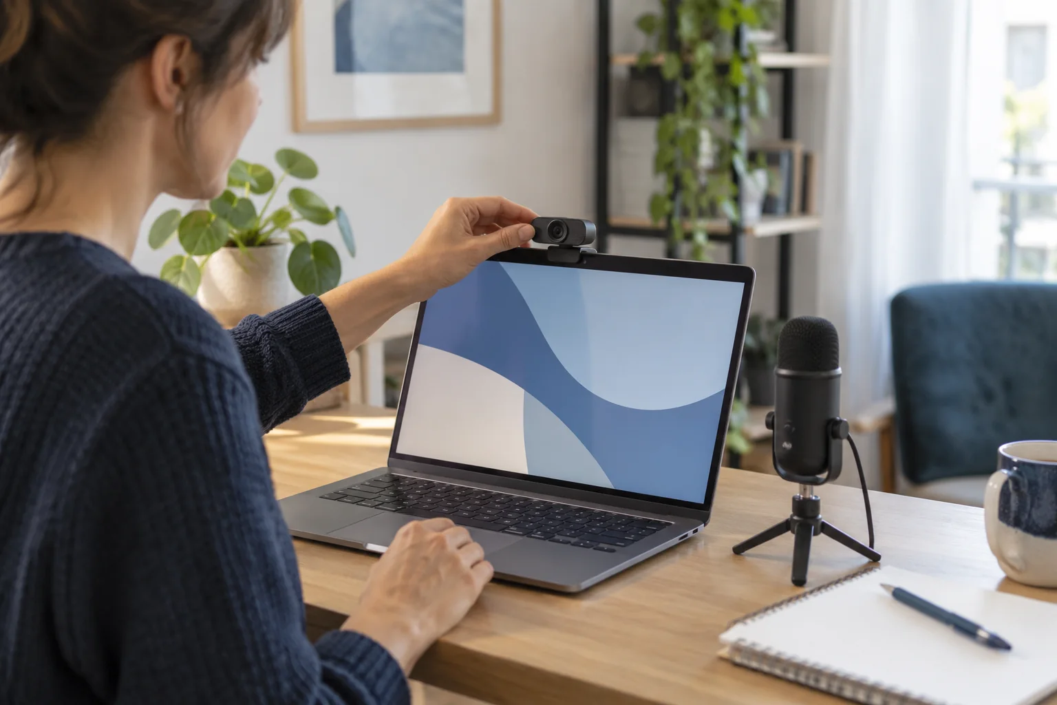Personne préparant une visioconférence avec webcam et microphone