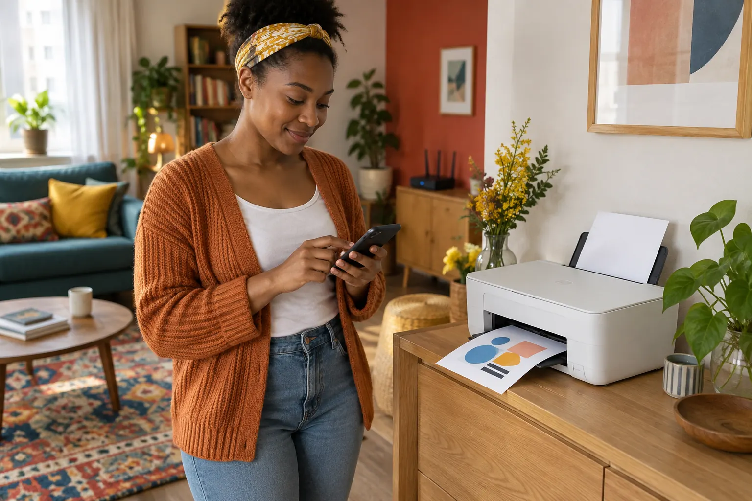 Personne configurant une imprimante Wi-Fi avec un smartphone à la maison