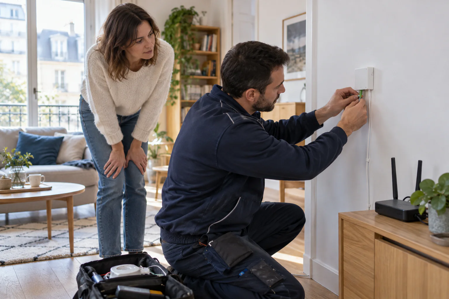 Technicien installant une prise fibre dans un appartement avec la résidente