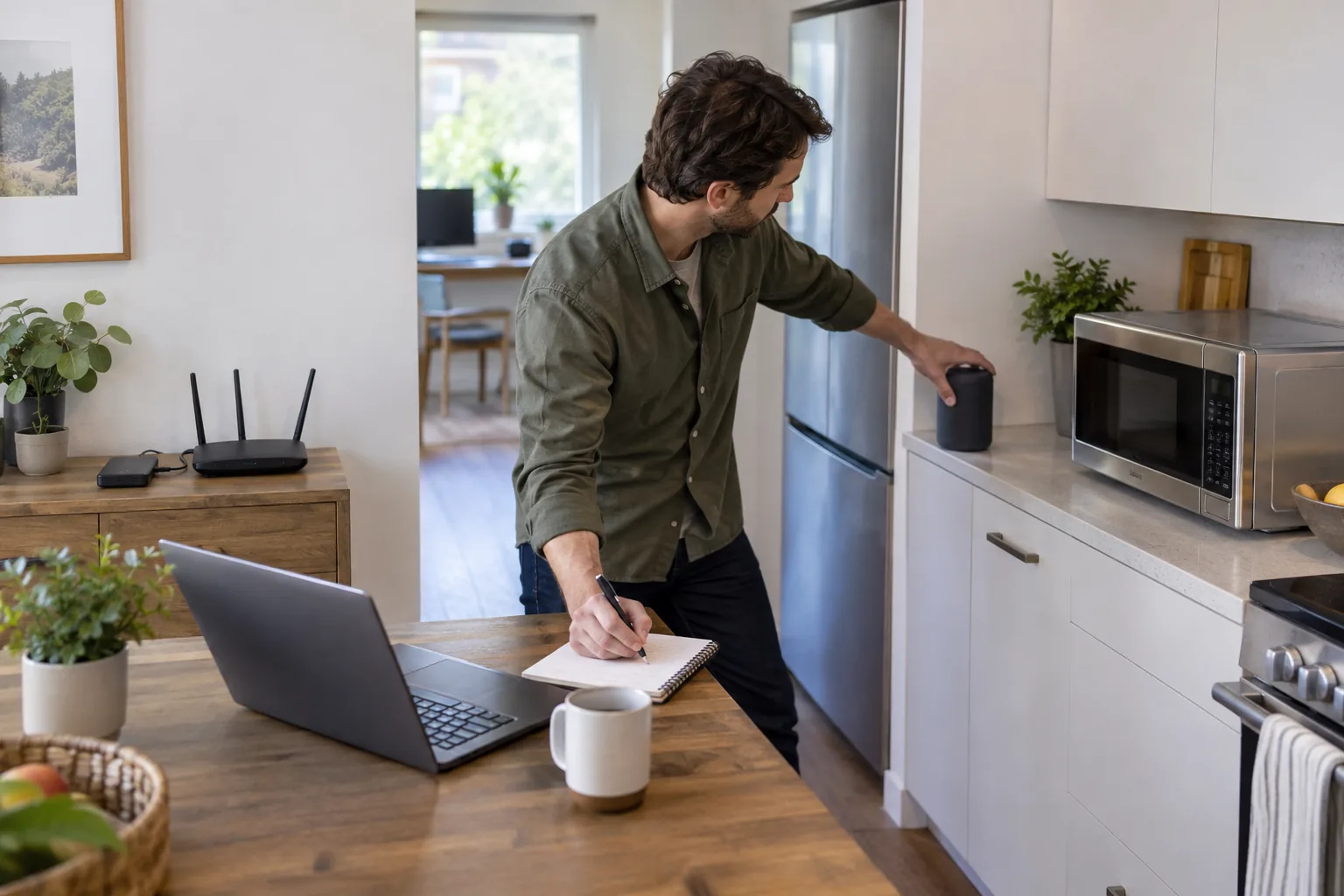 Personne éloignant une enceinte Bluetooth pendant un test Wi-Fi près d’une cuisine