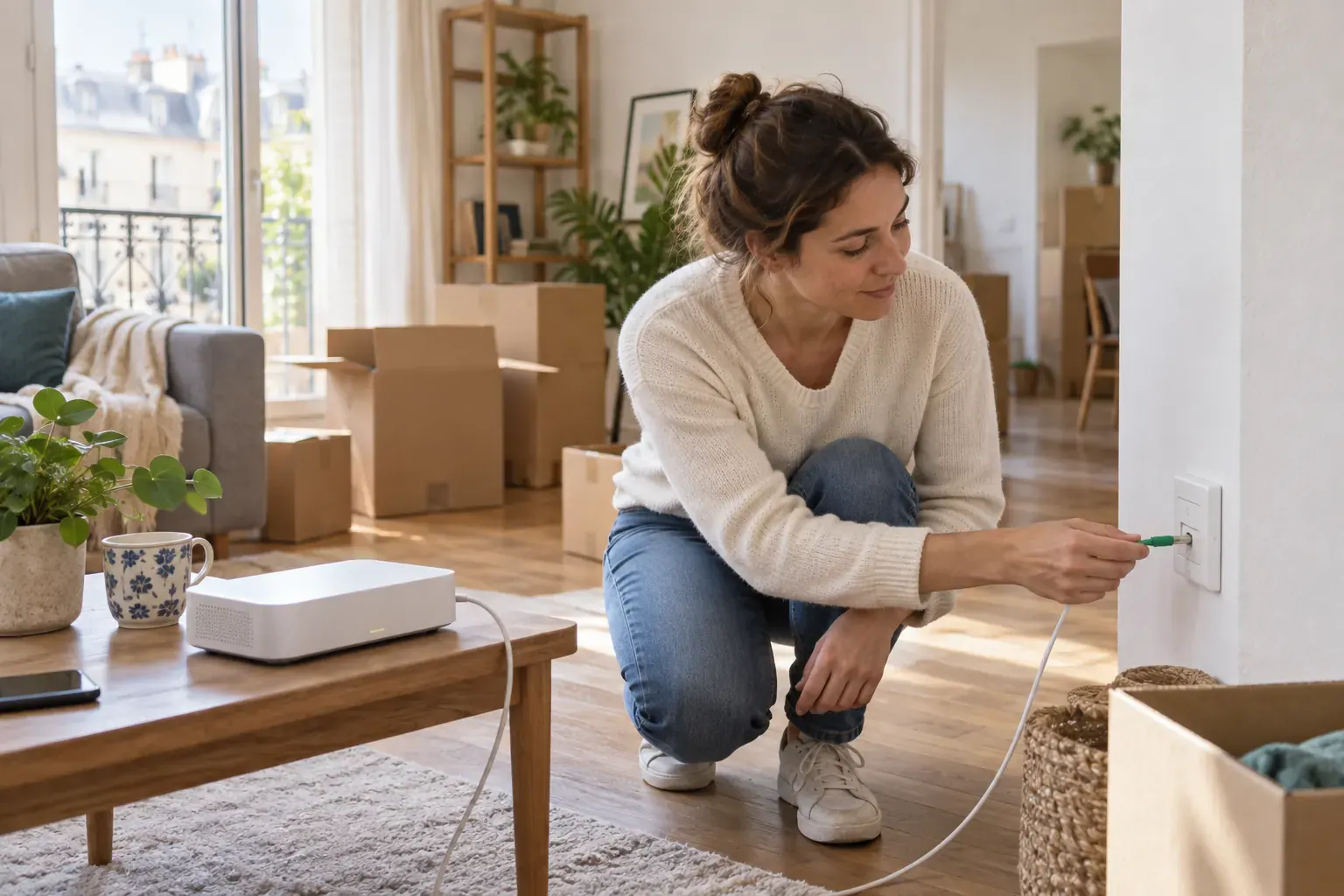 Nouvelle occupante repérant la prise fibre dans un appartement en cours d'emménagement