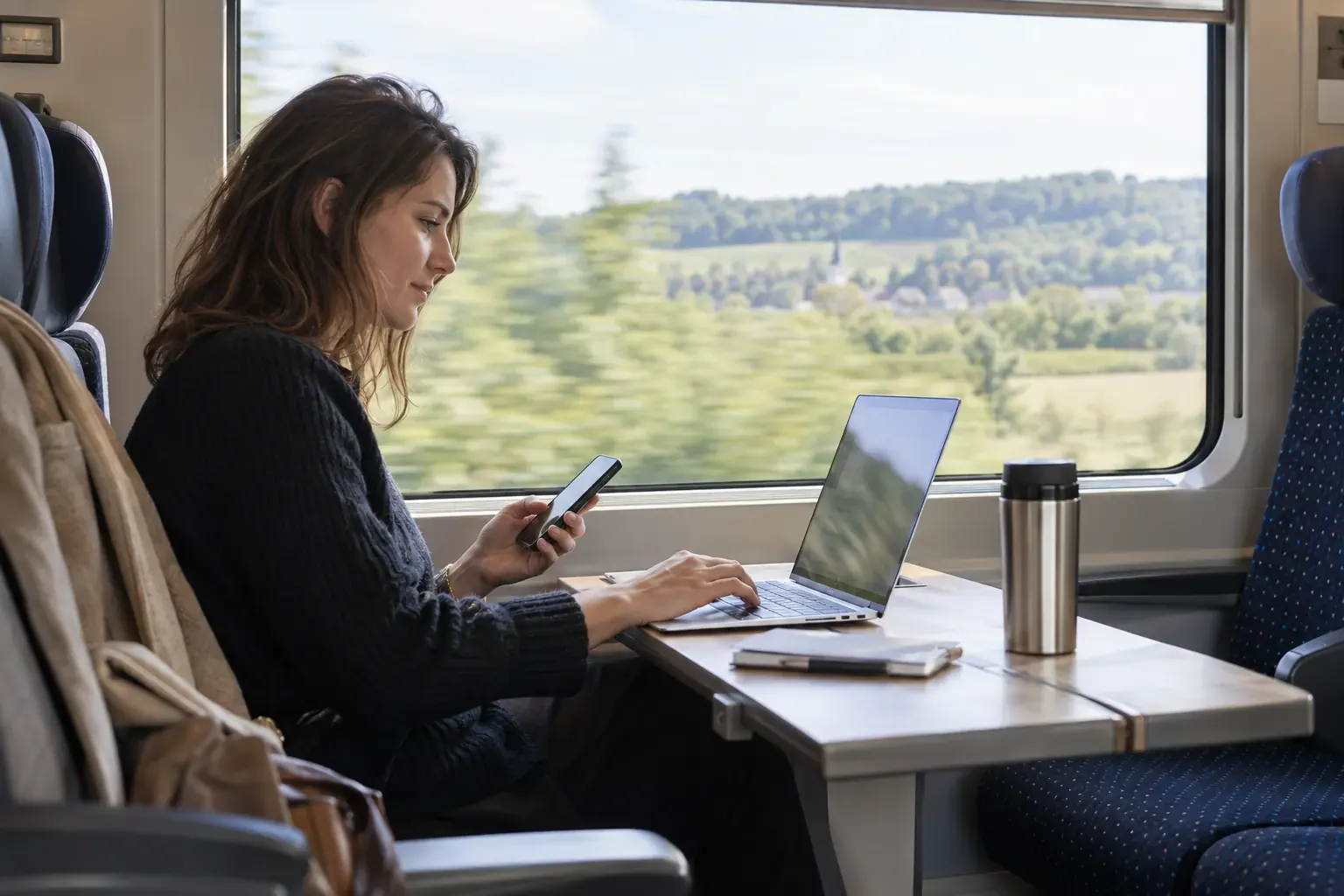 Voyageuse utilisant son téléphone et son ordinateur dans un train de jour
