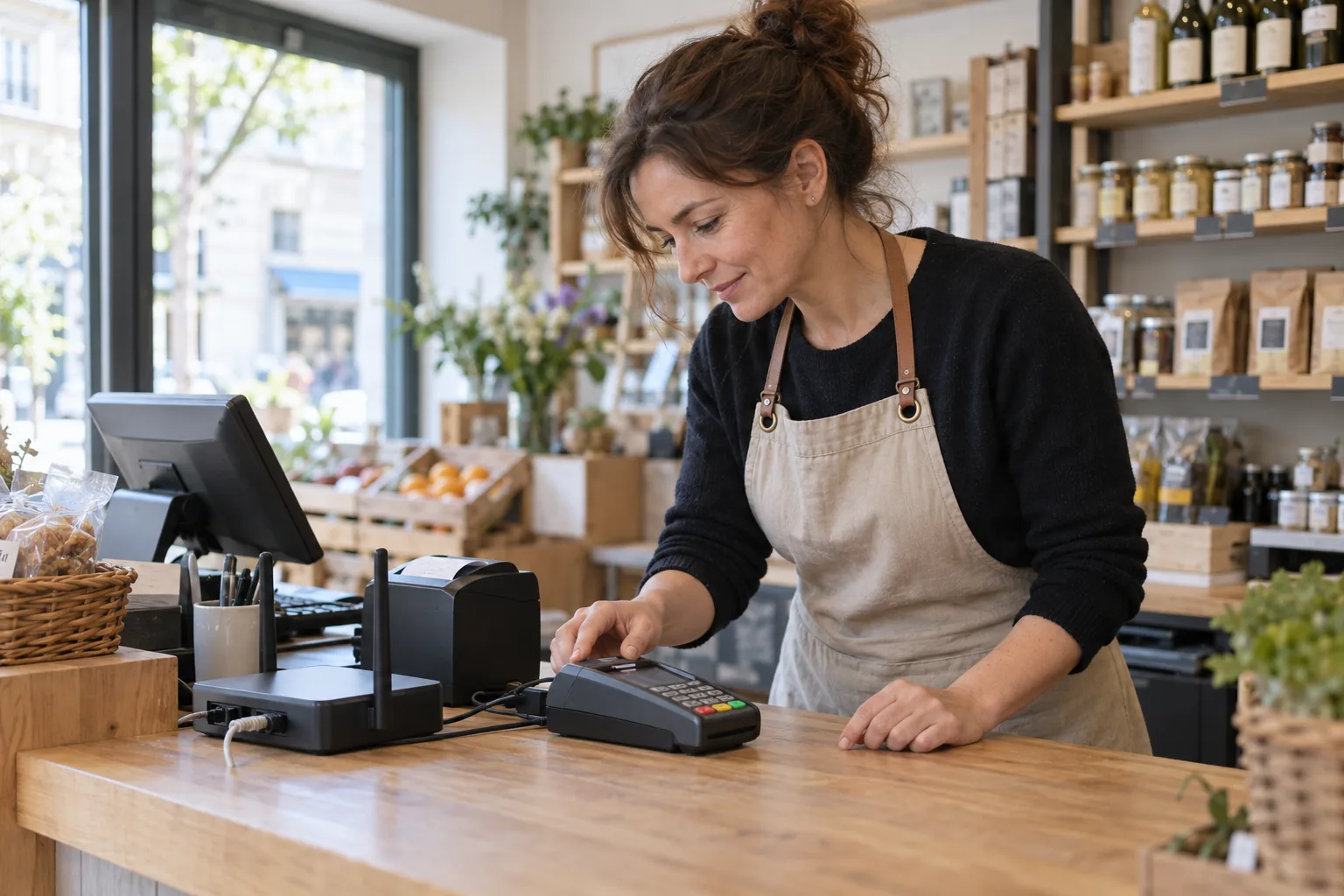 Commerçante vérifiant le réseau de sa caisse et de son terminal de paiement