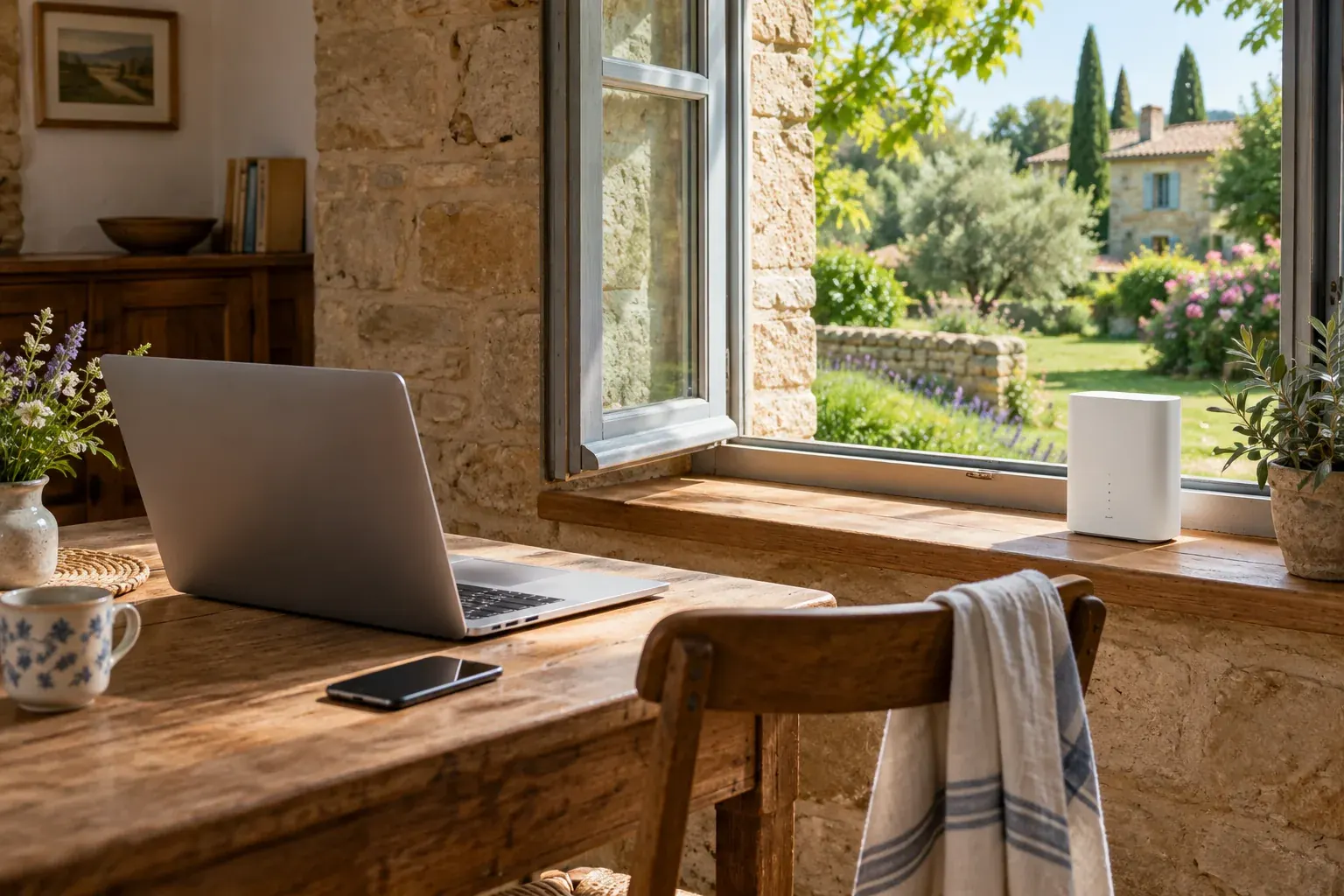 Ordinateur et routeur dans une maison de vacances avec vue sur le jardin