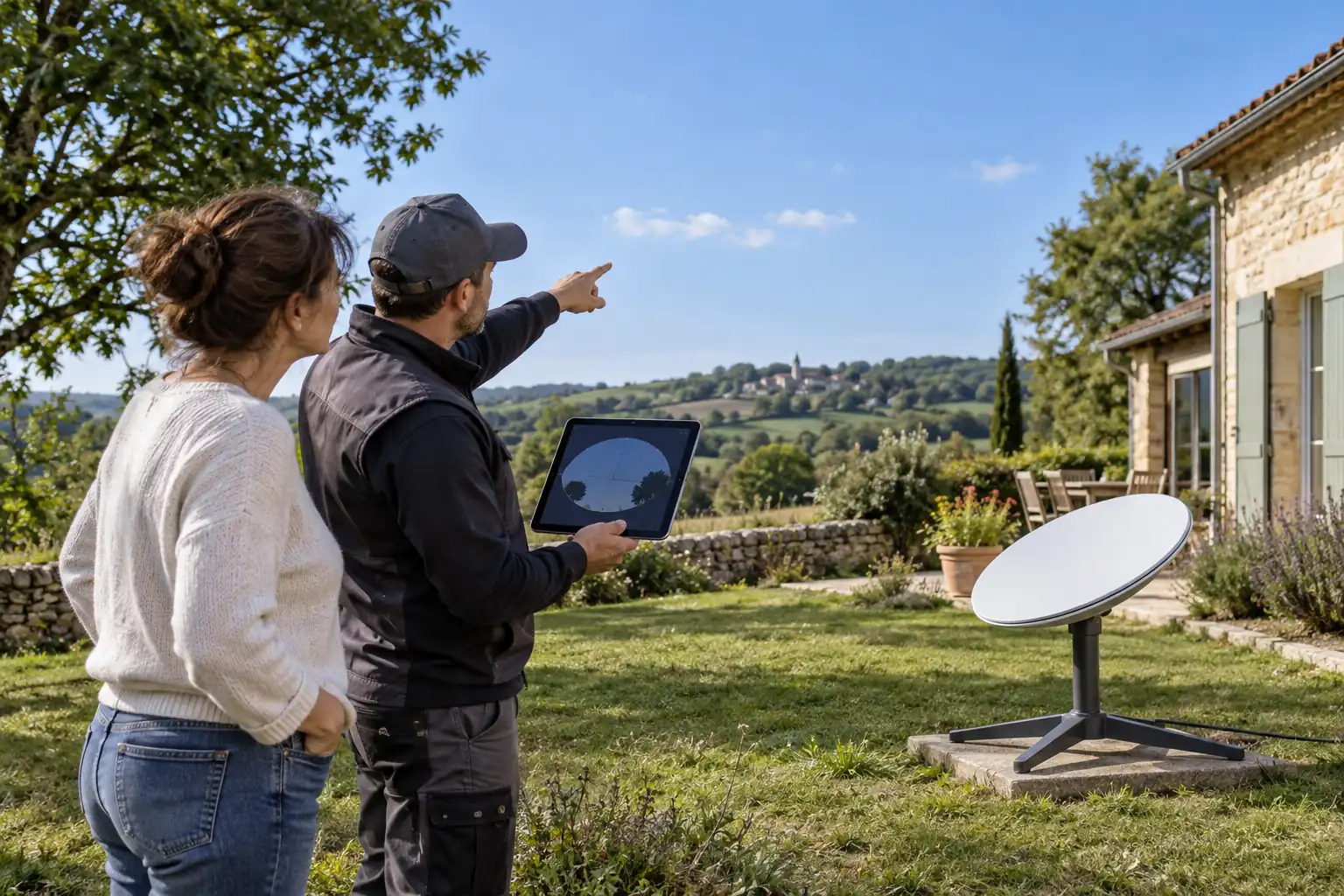 Étude d’une installation Internet par satellite dans le jardin d’une maison rurale