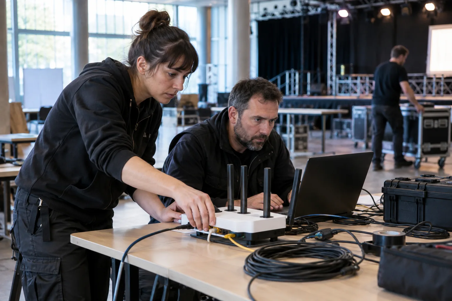 Équipe installant un routeur mobile pour un événement temporaire