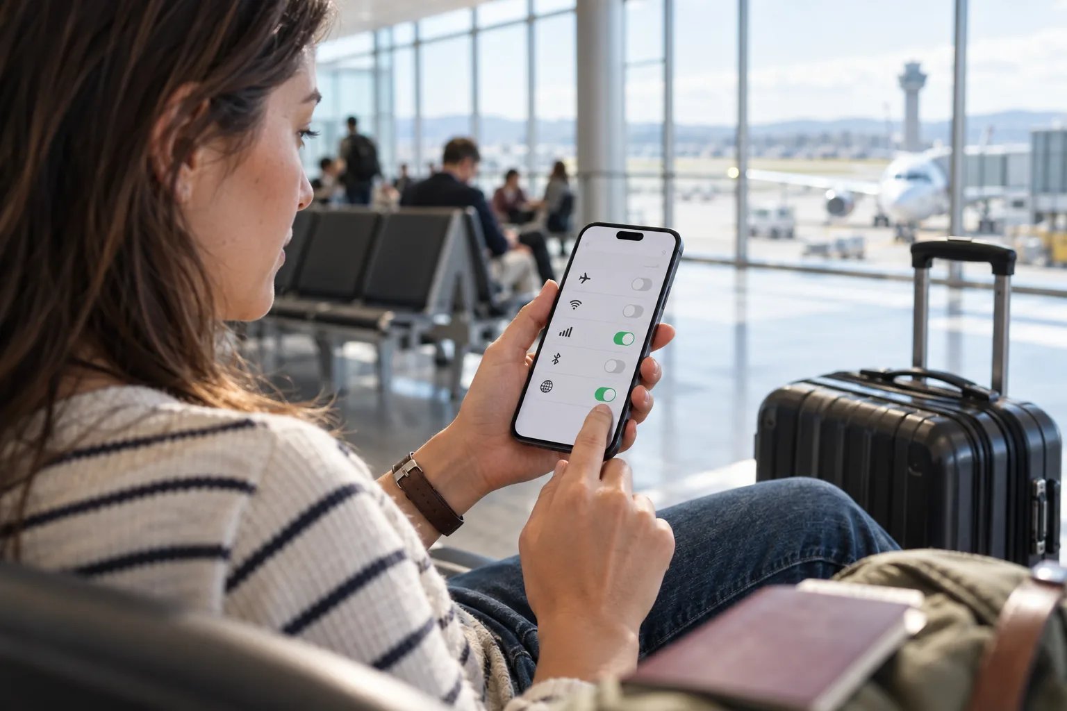 Voyageuse vérifiant les réglages d’itinérance de son téléphone dans un aéroport