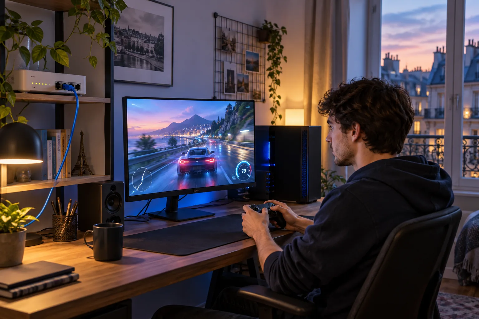 Joueur utilisant une manette devant un ordinateur relié au réseau par câble