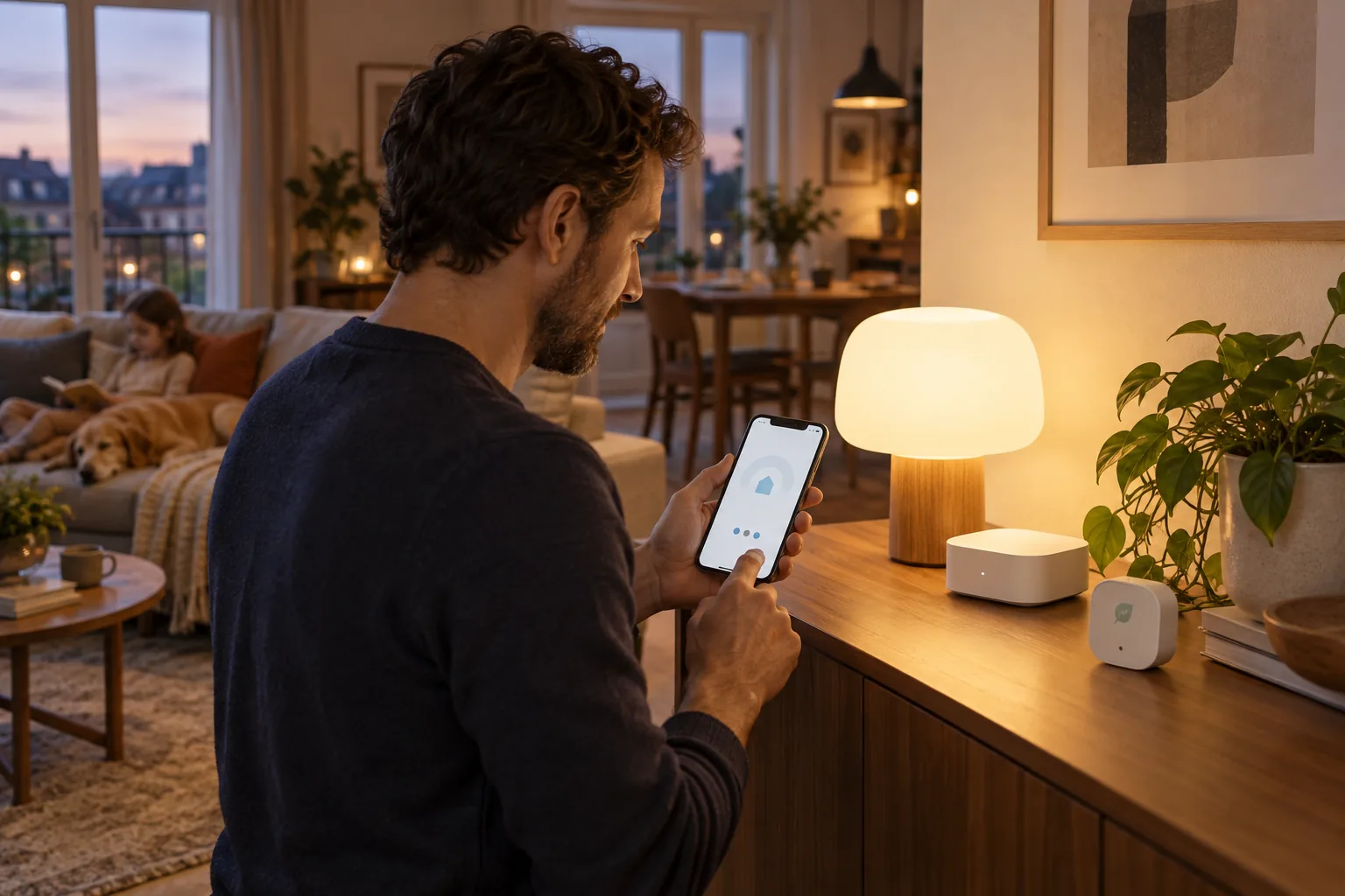 Personne associant une lampe et un capteur à un contrôleur de maison connectée