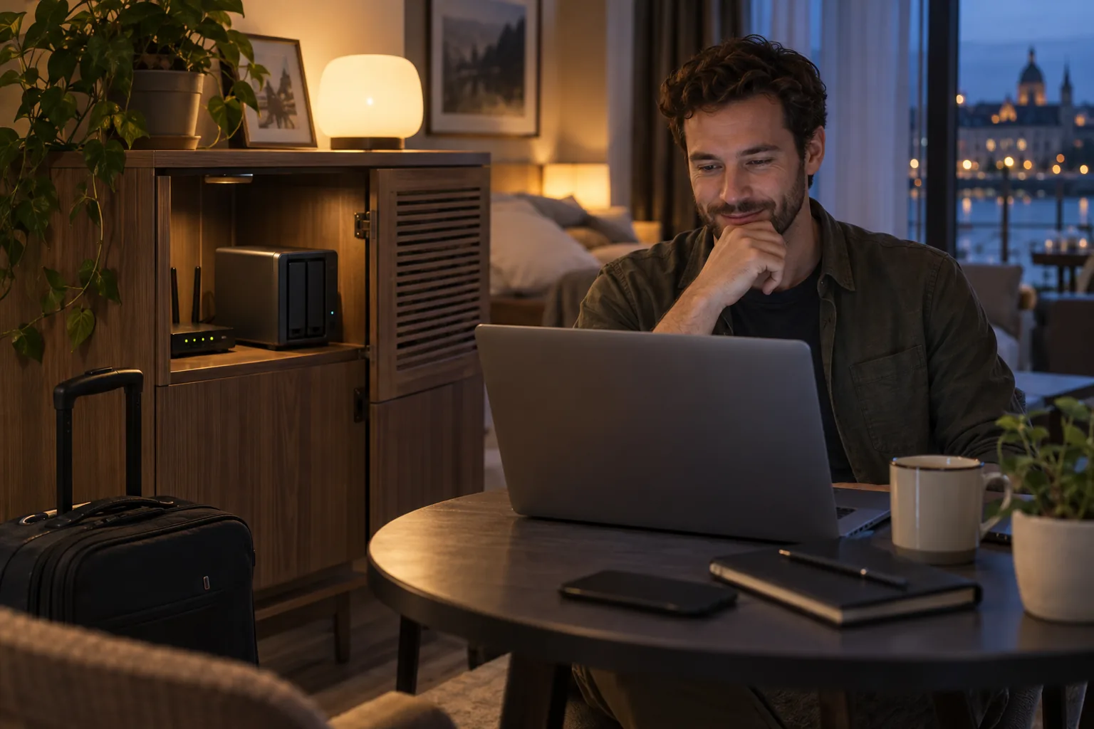 Utilisateur accédant à distance à un NAS conservé dans un meuble ventilé