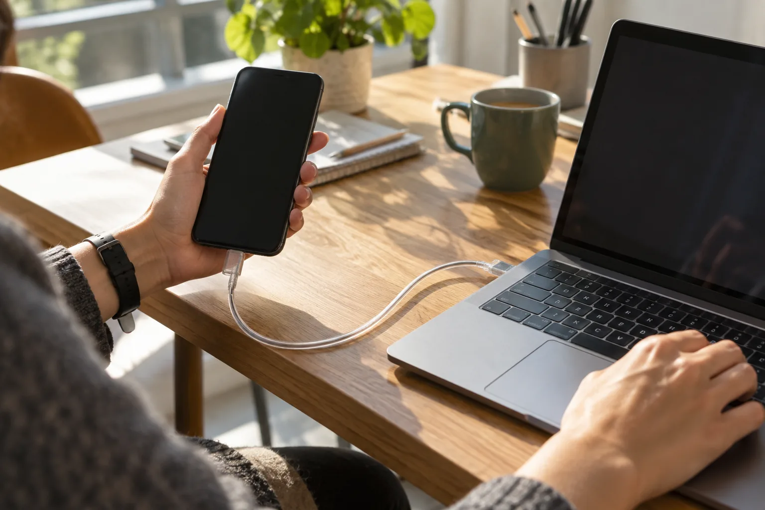 Smartphone connecté par USB à un ordinateur portable dans un espace de travail