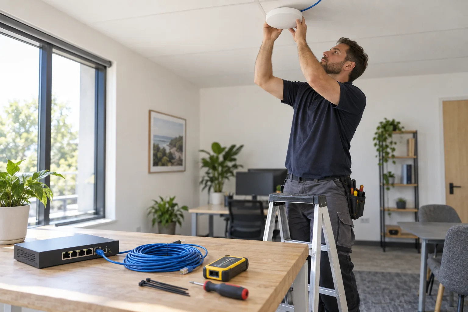 Technicien installant une borne Wi‑Fi alimentée par un commutateur PoE