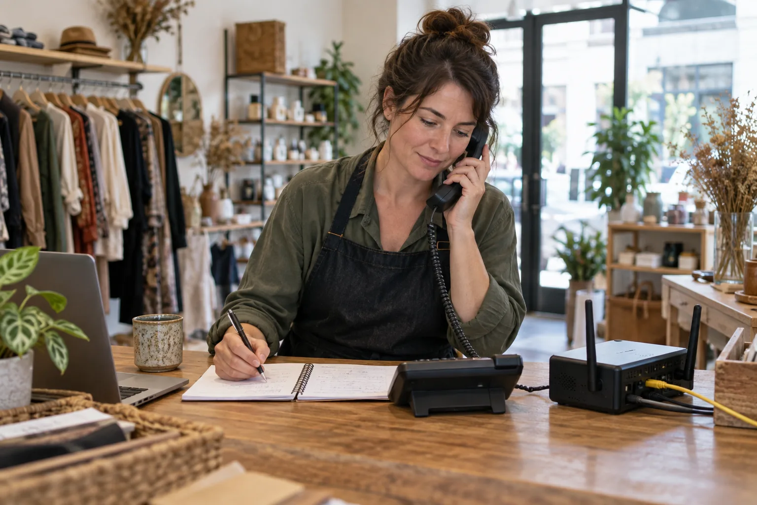 Commercante preparant la migration d un telephone fixe et d une box