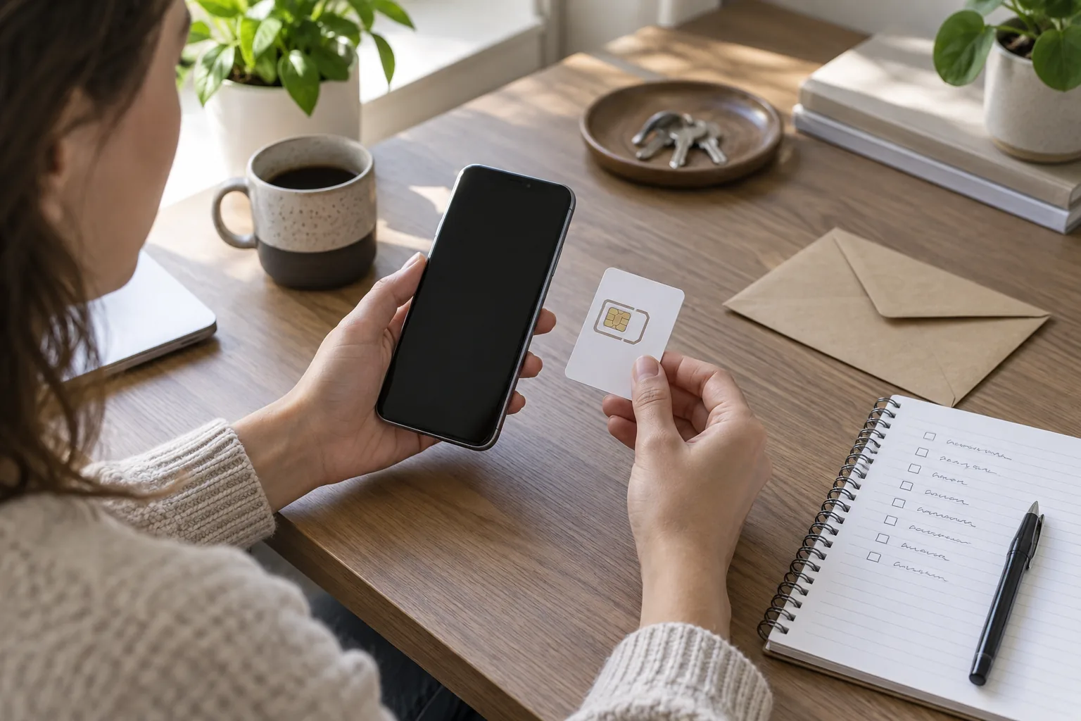 Personne préparant un téléphone et une nouvelle carte SIM pour une portabilité