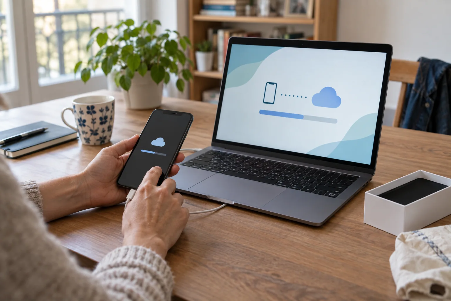 Personne préparant la sauvegarde d'un smartphone avant de le donner