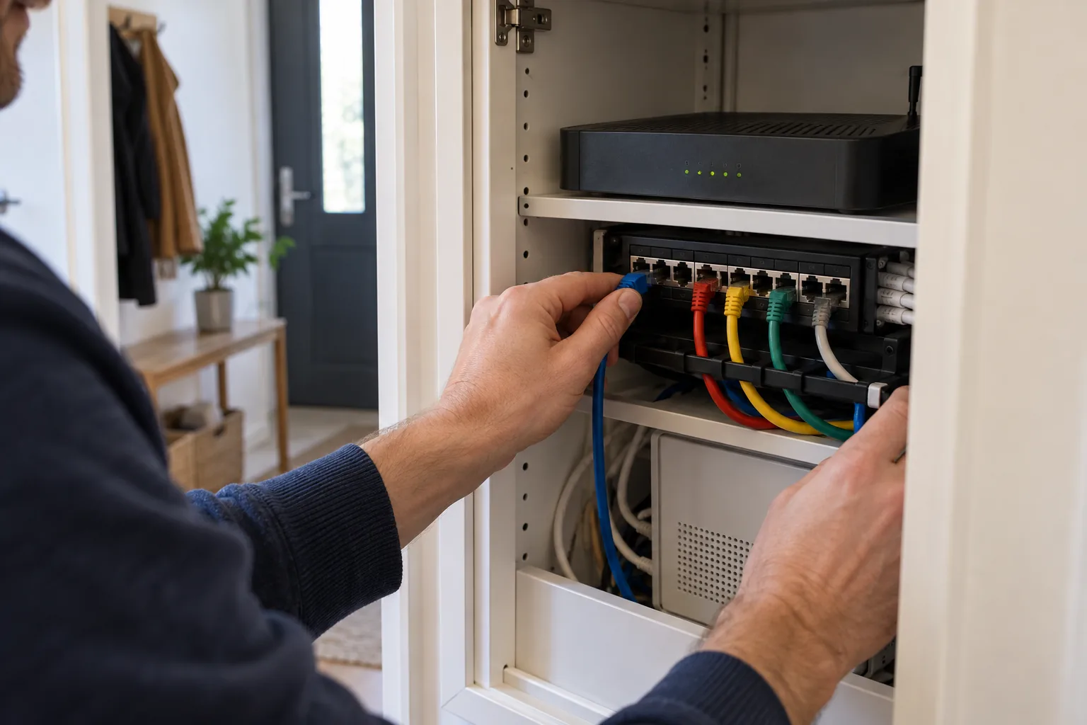 Mains reliant un cordon Ethernet au panneau de brassage d’un coffret de communication