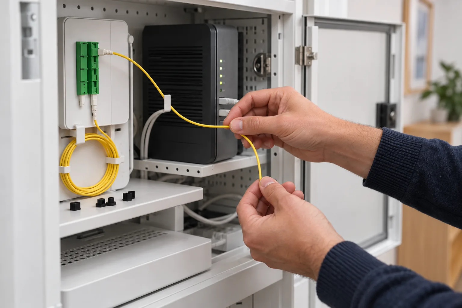 Manipulation prudente d’un cordon fibre formant une courbe large dans un coffret réseau