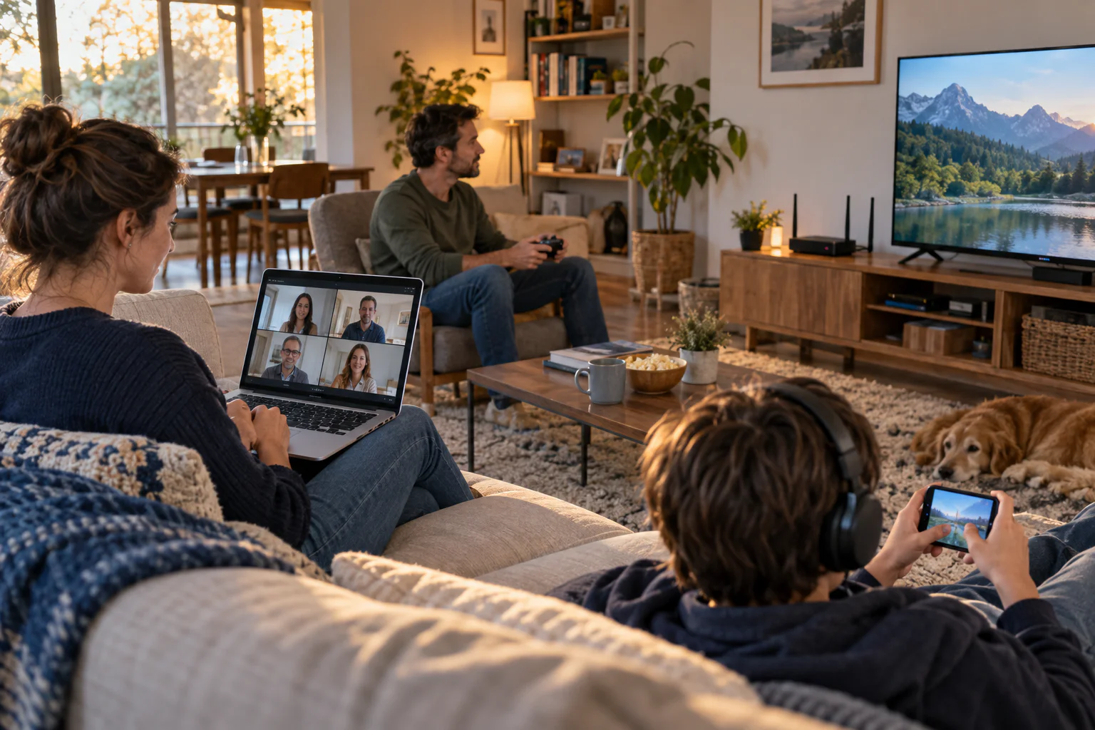 Famille utilisant simultanément visioconférence, télévision et jeux sur la connexion du logement