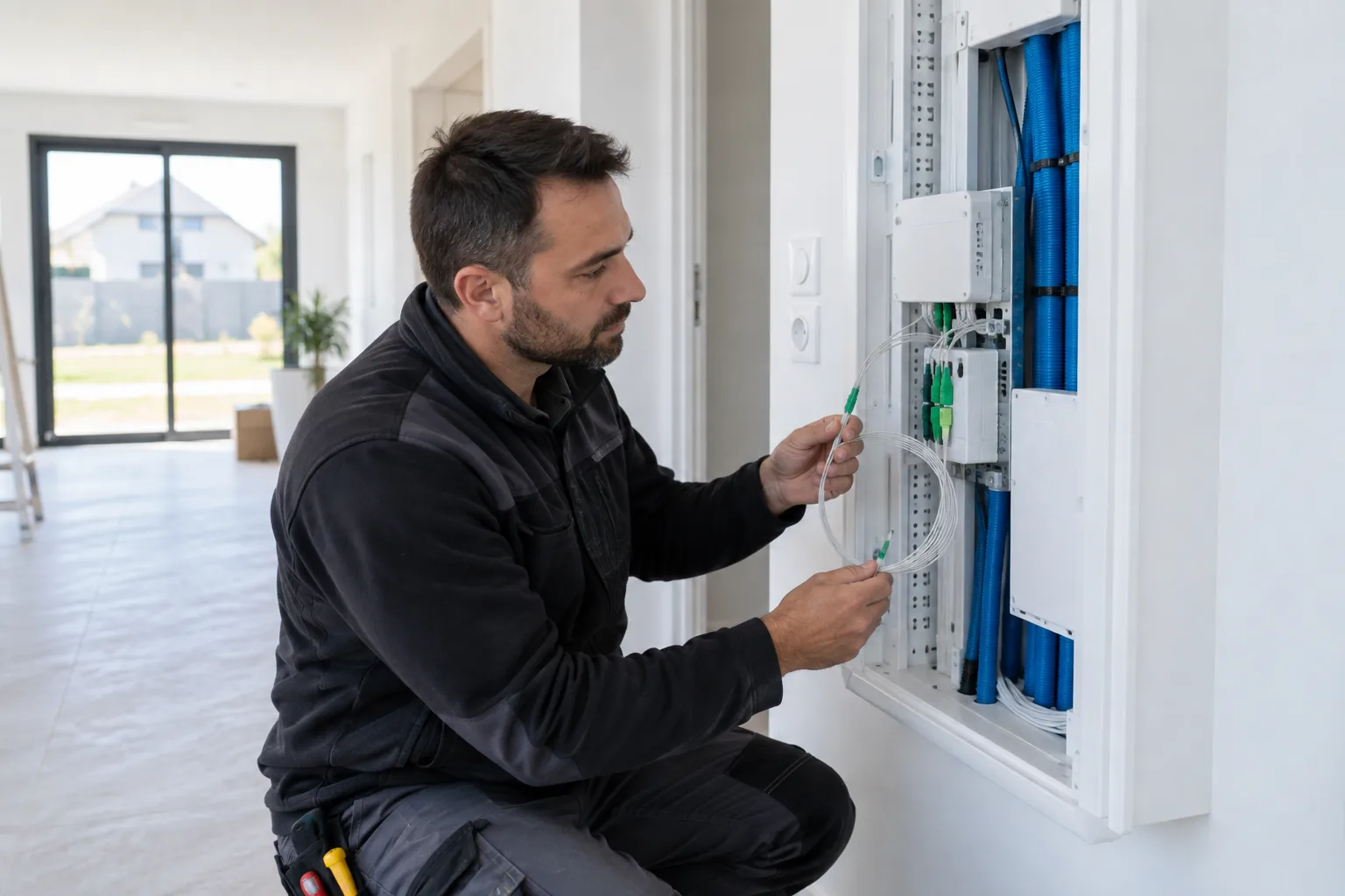 Technicien examinant l'arrivée de fibre dans le tableau de communication d'une maison neuve