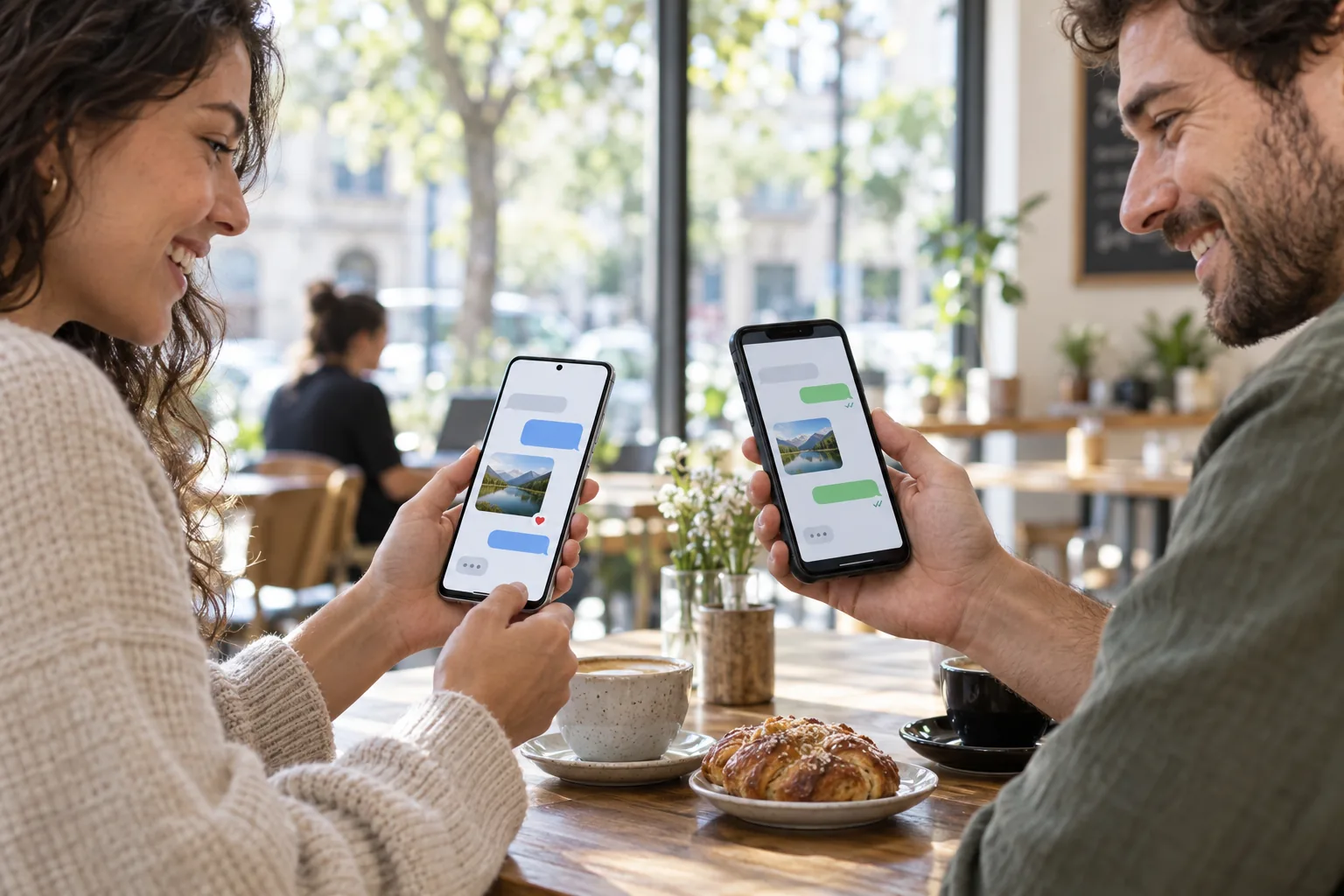 Deux personnes échangeant des messages enrichis sur des smartphones différents