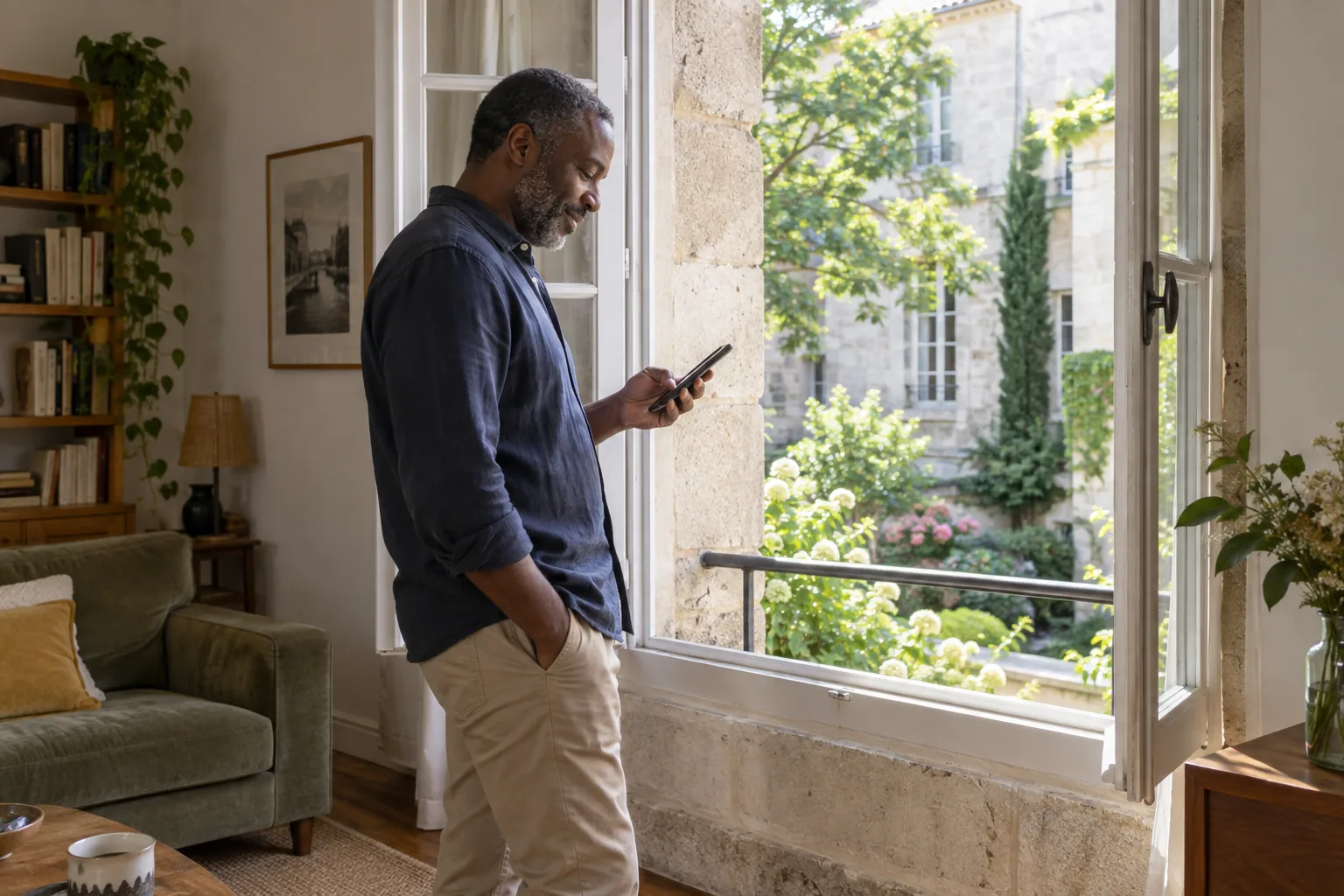 Personne comparant la réception de son téléphone près d’une fenêtre dans un logement