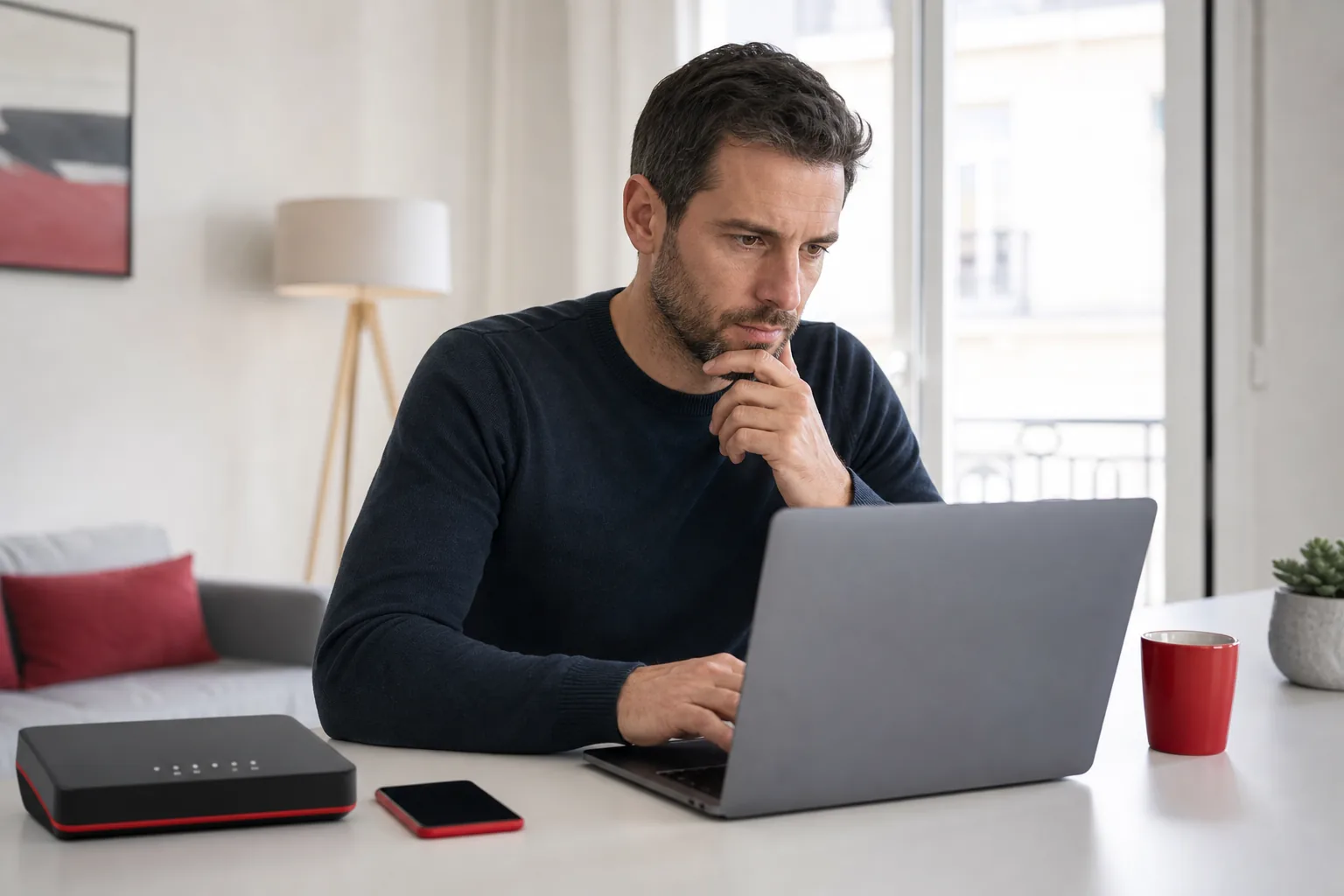 Personne effectuant une recherche sur ordinateur avec son smartphone à proximité