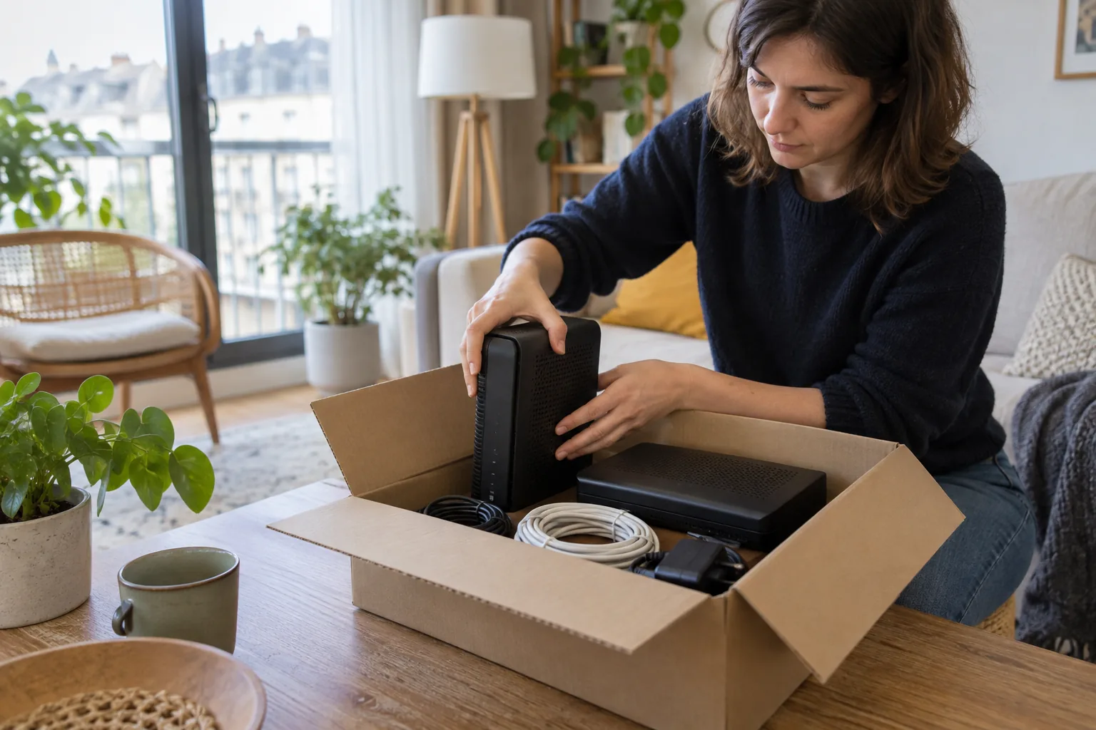 Personne rangeant une box Internet et ses câbles dans un carton de retour