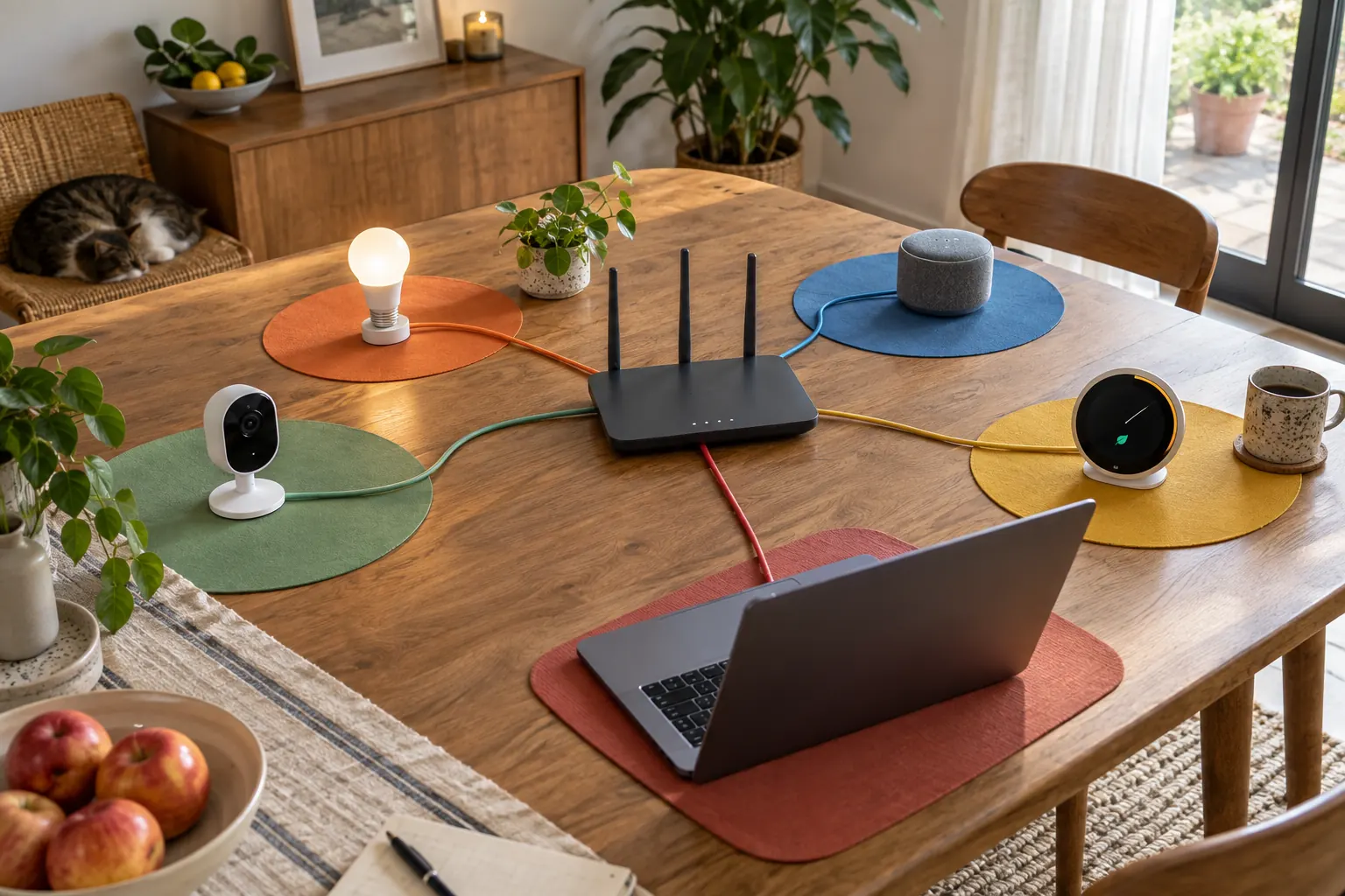 Objets connectés répartis en zones distinctes autour d’un routeur Wi‑Fi