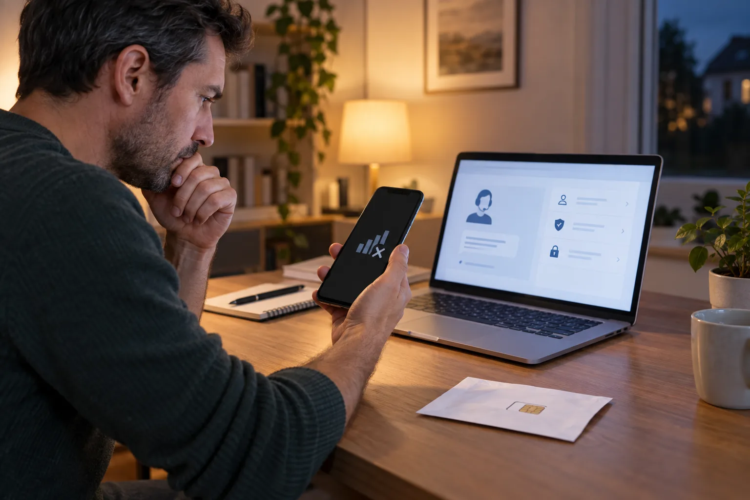 Personne constatant une perte de réseau et sécurisant son compte opérateur