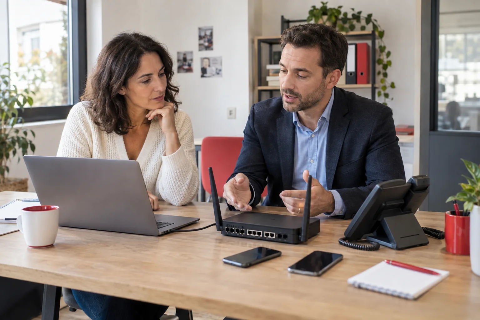 Dirigeante de PME préparant ses connexions Internet, téléphones et équipements réseau avec un conseiller