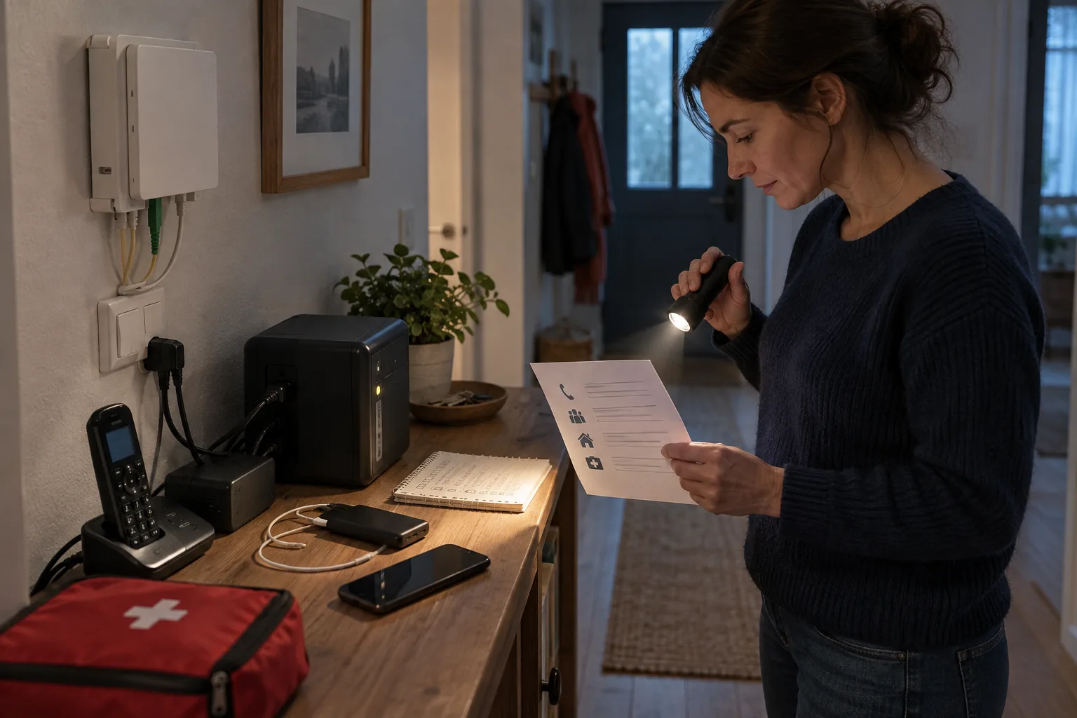 Famille préparant une batterie de secours pour la box et le téléphone fixe