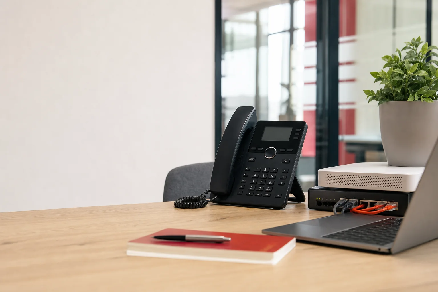 Téléphone VoIP et équipement réseau dans un bureau professionnel