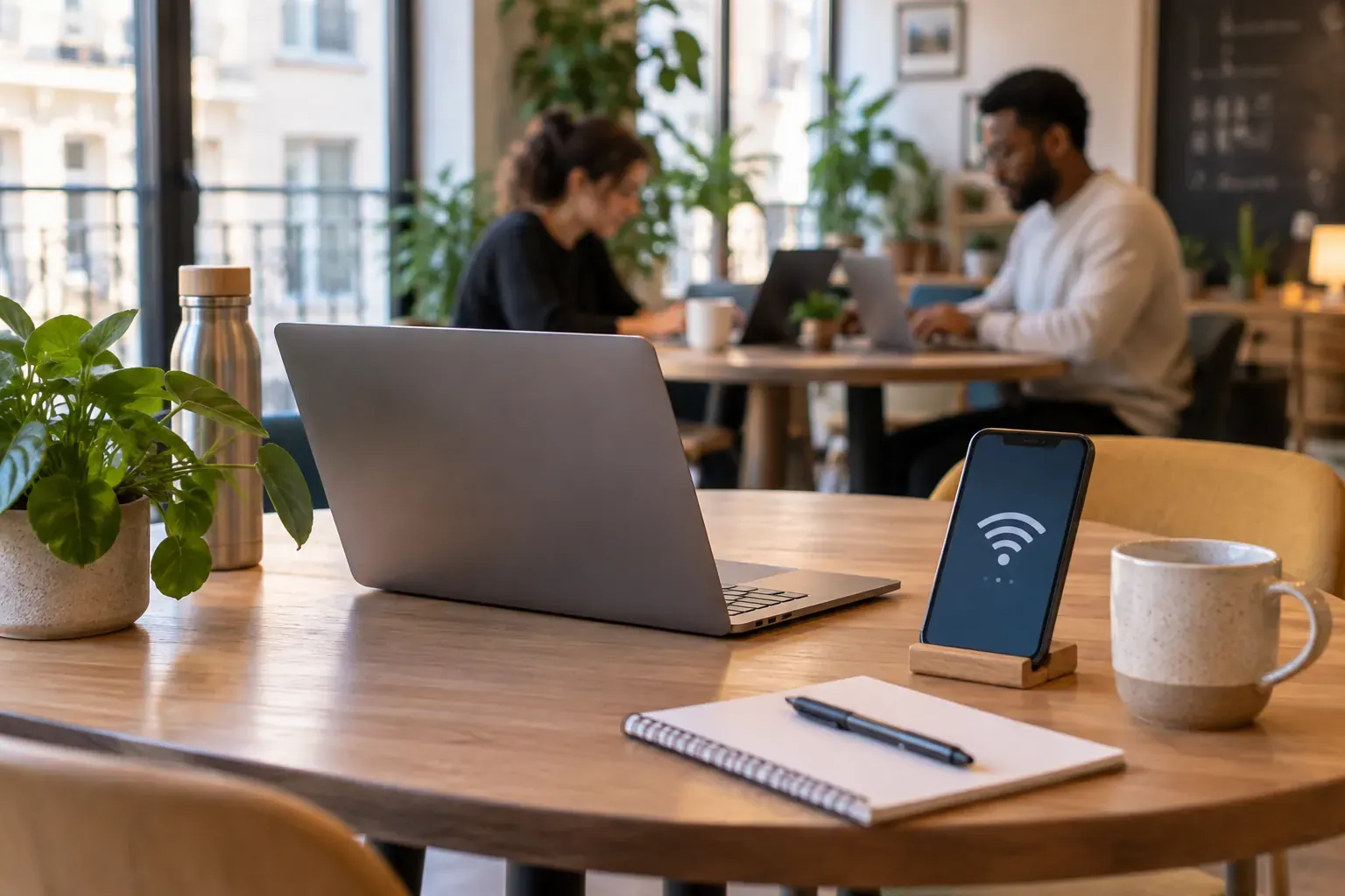 Ordinateur et téléphone installés sur une table dans un espace de travail partagé
