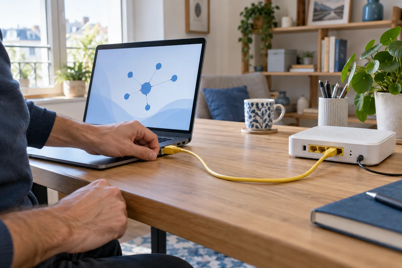 Personne vérifiant un câble Ethernet entre ordinateur et box