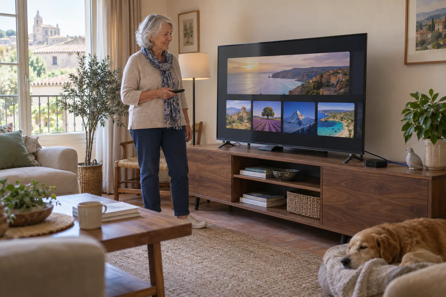 Personne comparant la connexion d’un téléviseur et d’un boîtier vidéo dans un salon