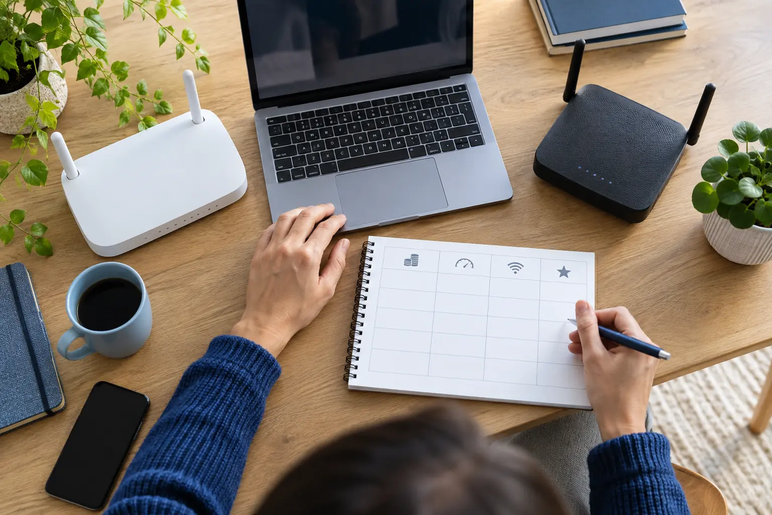 Ordinateur, deux box et carnet pour comparer les offres Internet