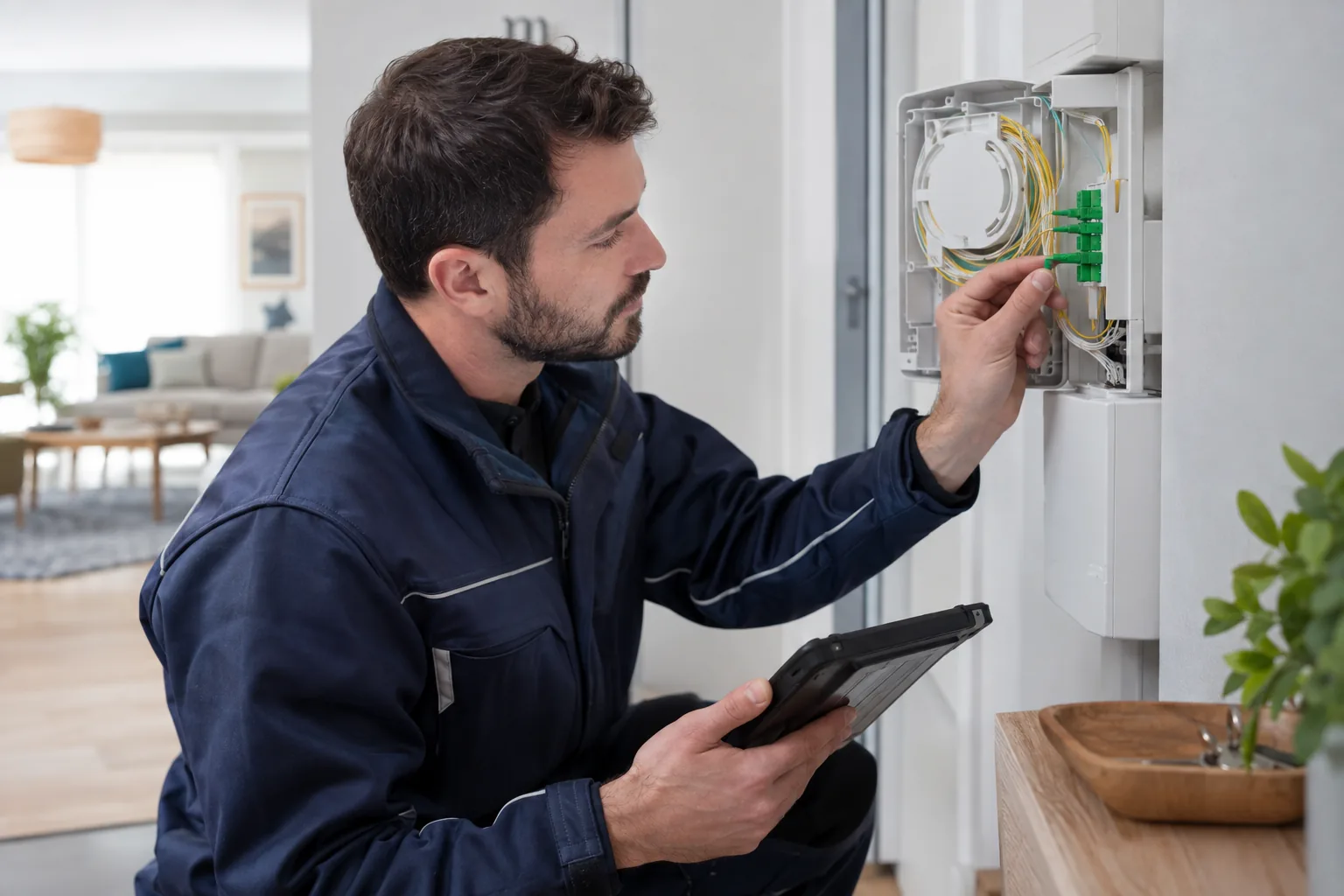 Technicien examinant un raccordement fibre dans un immeuble résidentiel