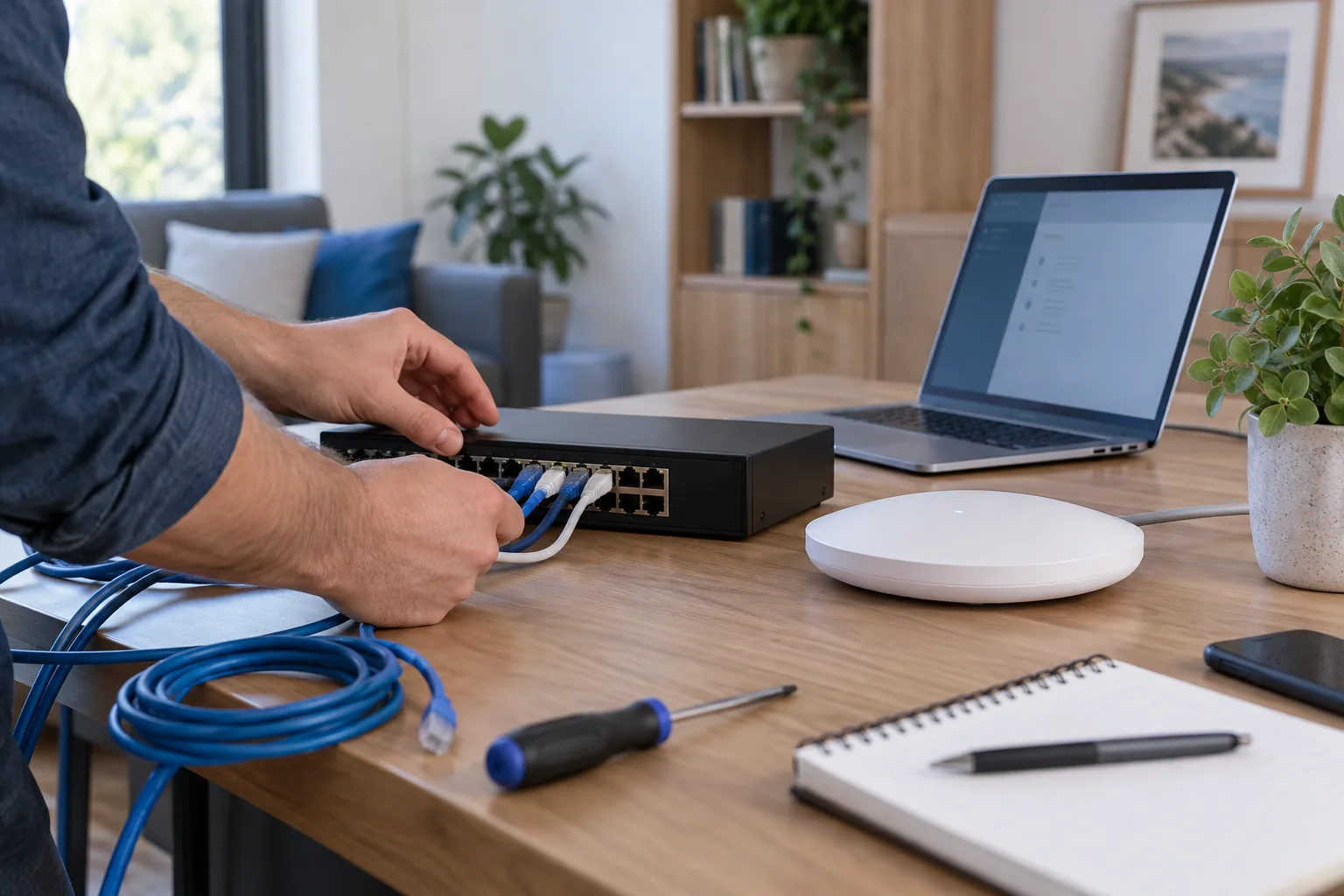 Mains d’un technicien vérifiant des câbles Ethernet et un point d’accès