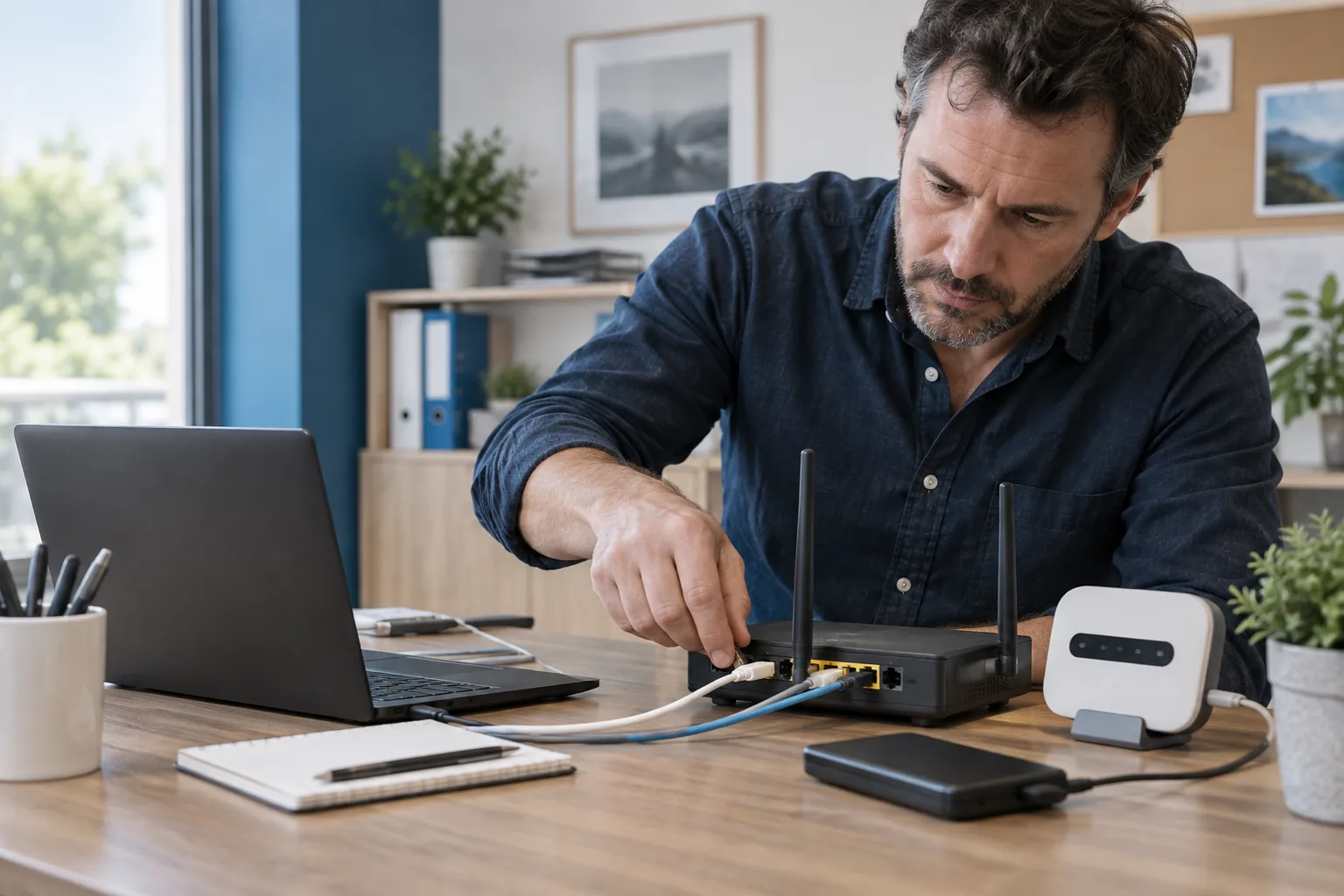 Personne vérifiant une box, un modem de secours et un disque externe