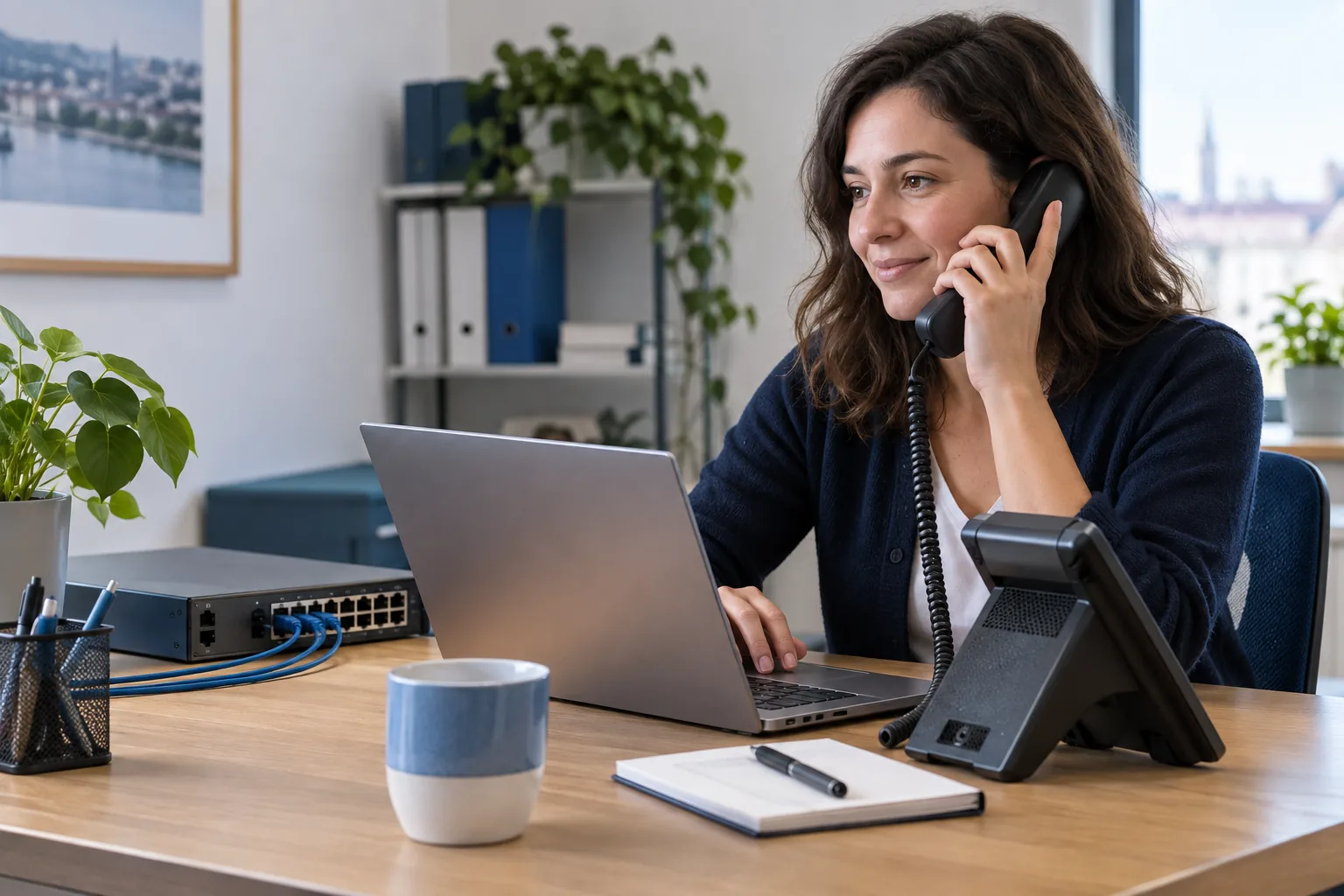 Téléphone IP, commutateur réseau et ordinateur dans un bureau