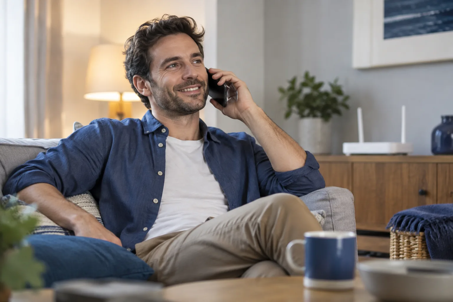 Personne passant un appel sur smartphone à la maison avec une box en arrière-plan