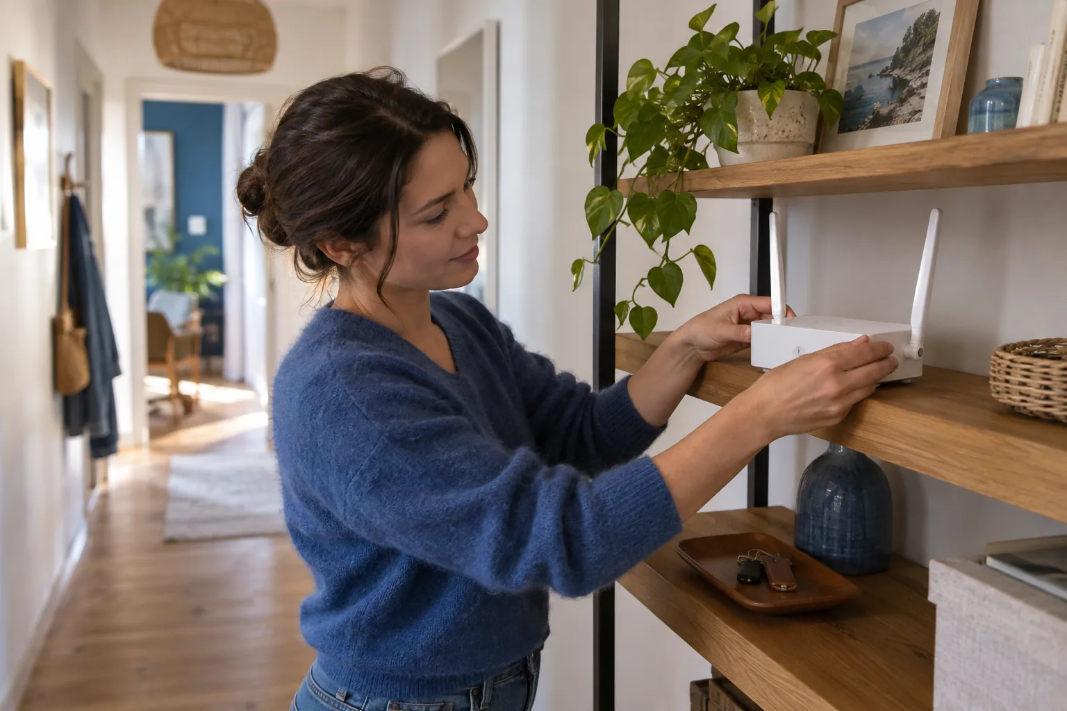 Personne ajustant un point d’accès Wi-Fi sur une étagère dans un couloir