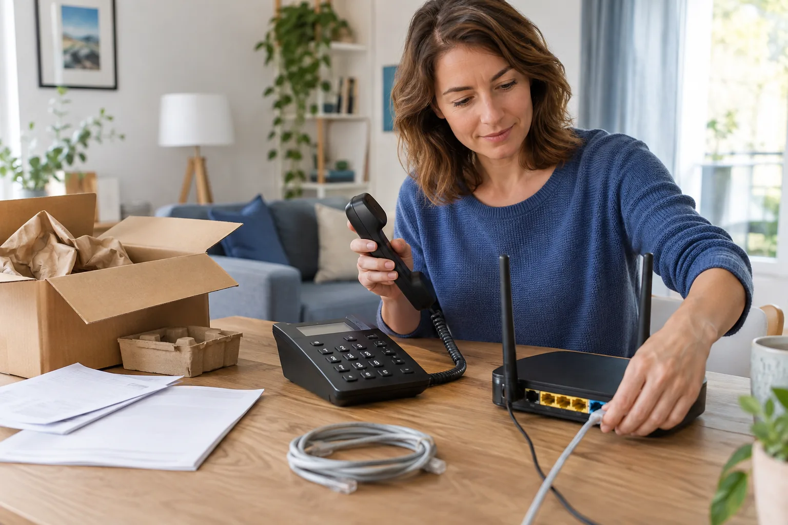 Personne préparant un téléphone, une box et un carton de retour
