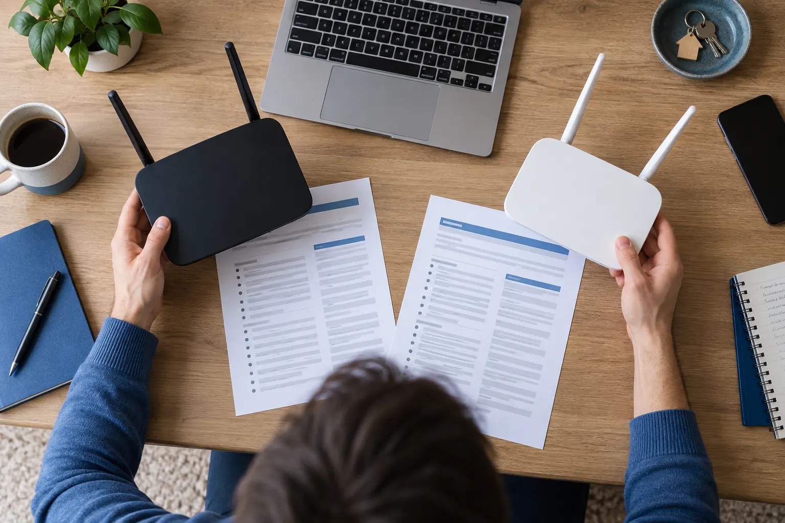 Personne comparant deux box et des documents contractuels sur un bureau