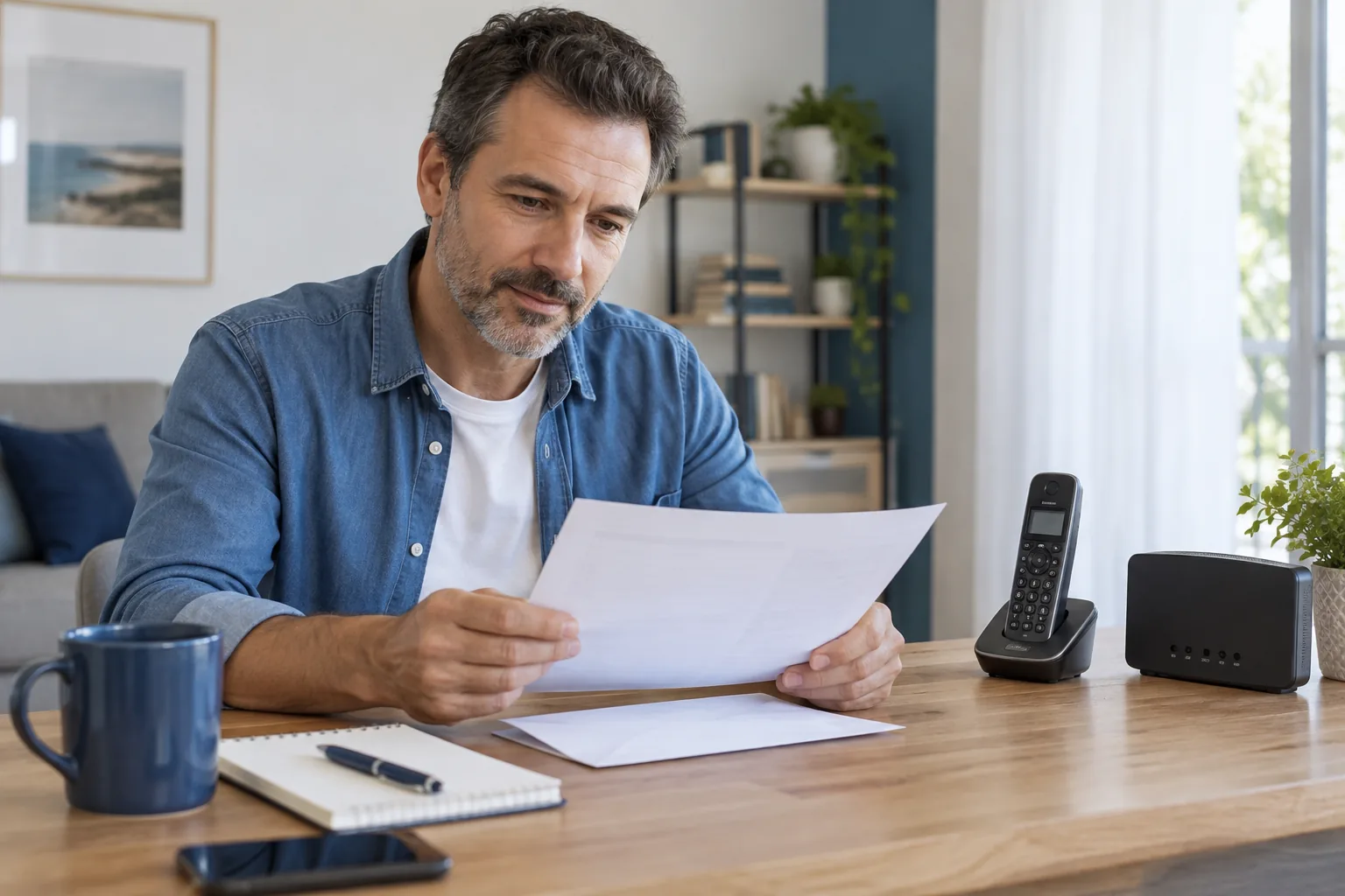 Personne consultant un document de transfert près d’un téléphone sans fil